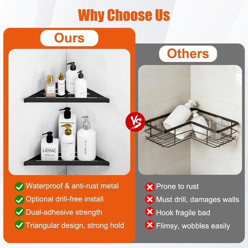 Fikoksol Shower Caddy - 2 Pack Black Metal Corner Shelf | Rustproof Wall-Mounted Bathroom Organizer