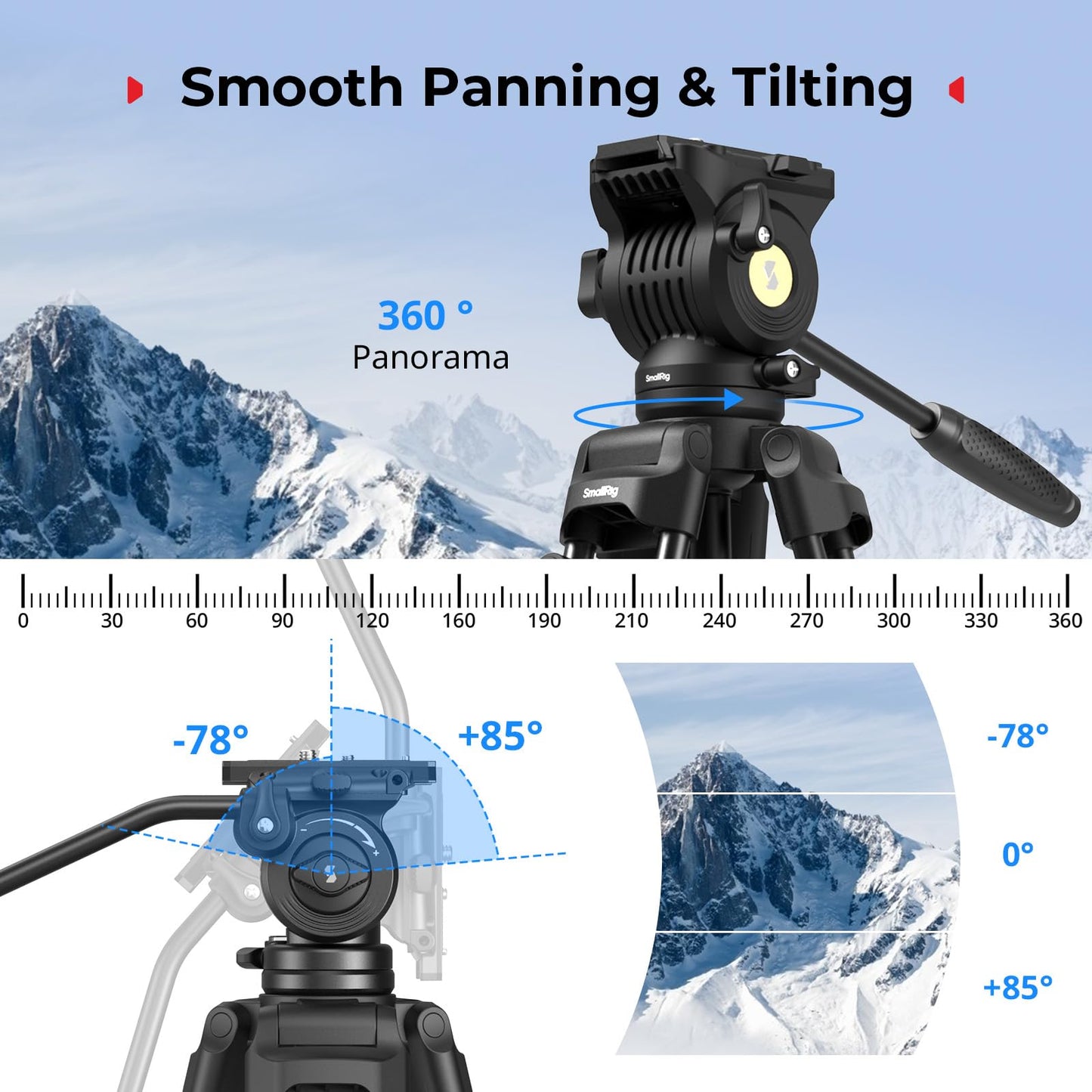 SMALLRIG 73''/186cm Heavy Duty Aluminum Alloy Video Tripod, Max Load 8kg (18lbs), Fluid Head with +85° to -78 Tilt Range, Compact Travel Tripod Weight 3.1kg(6.8lbs), Folded Height 88cm, AD-14-5440