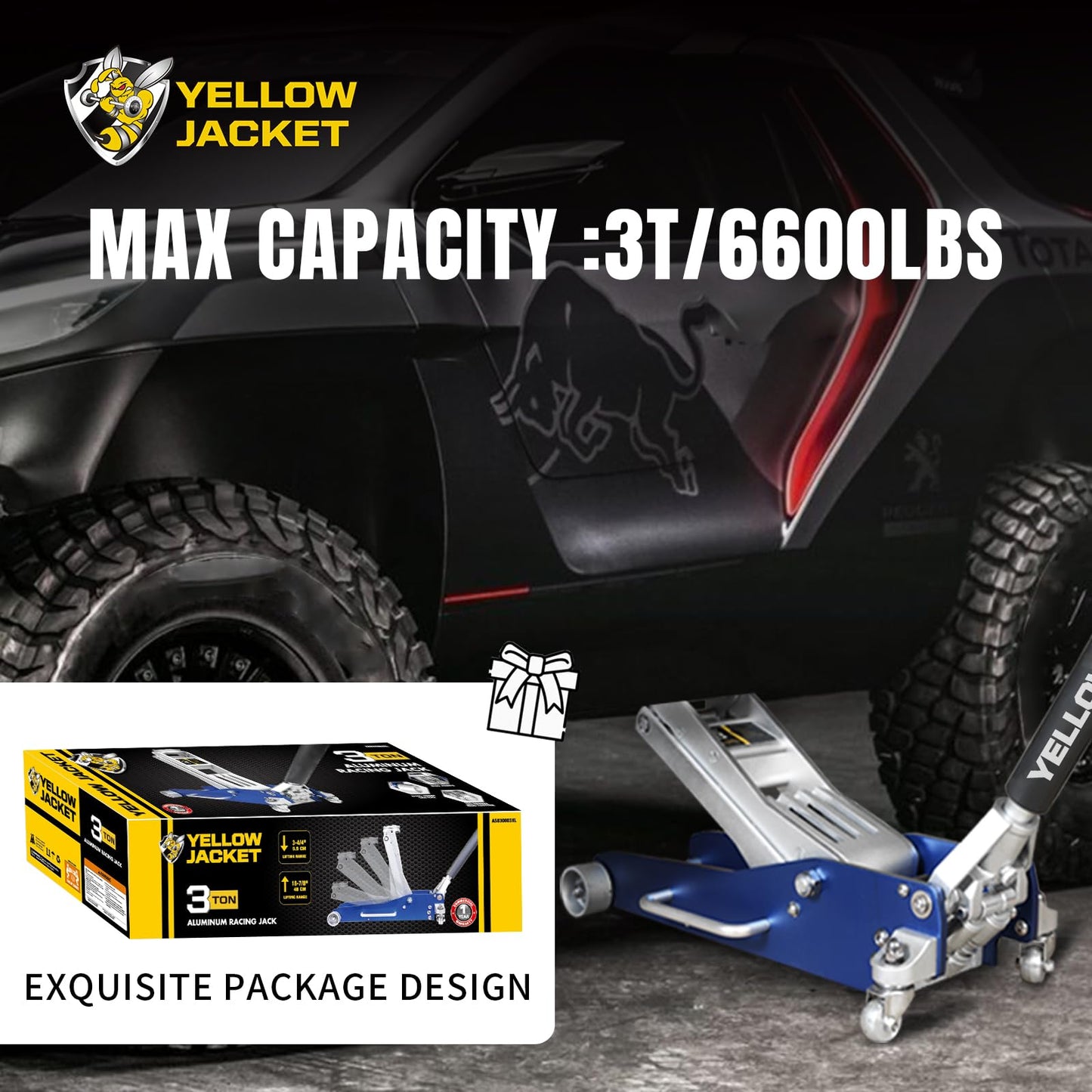 YELLOW JACKET 3 Ton Floor Jack Full Aluminum Ultra Lightweight Quick Rise Racing Floor Car Jack with Dual Pump Fast Lifting Low Profile Jack for Vehicle,6600 lbs Capacity