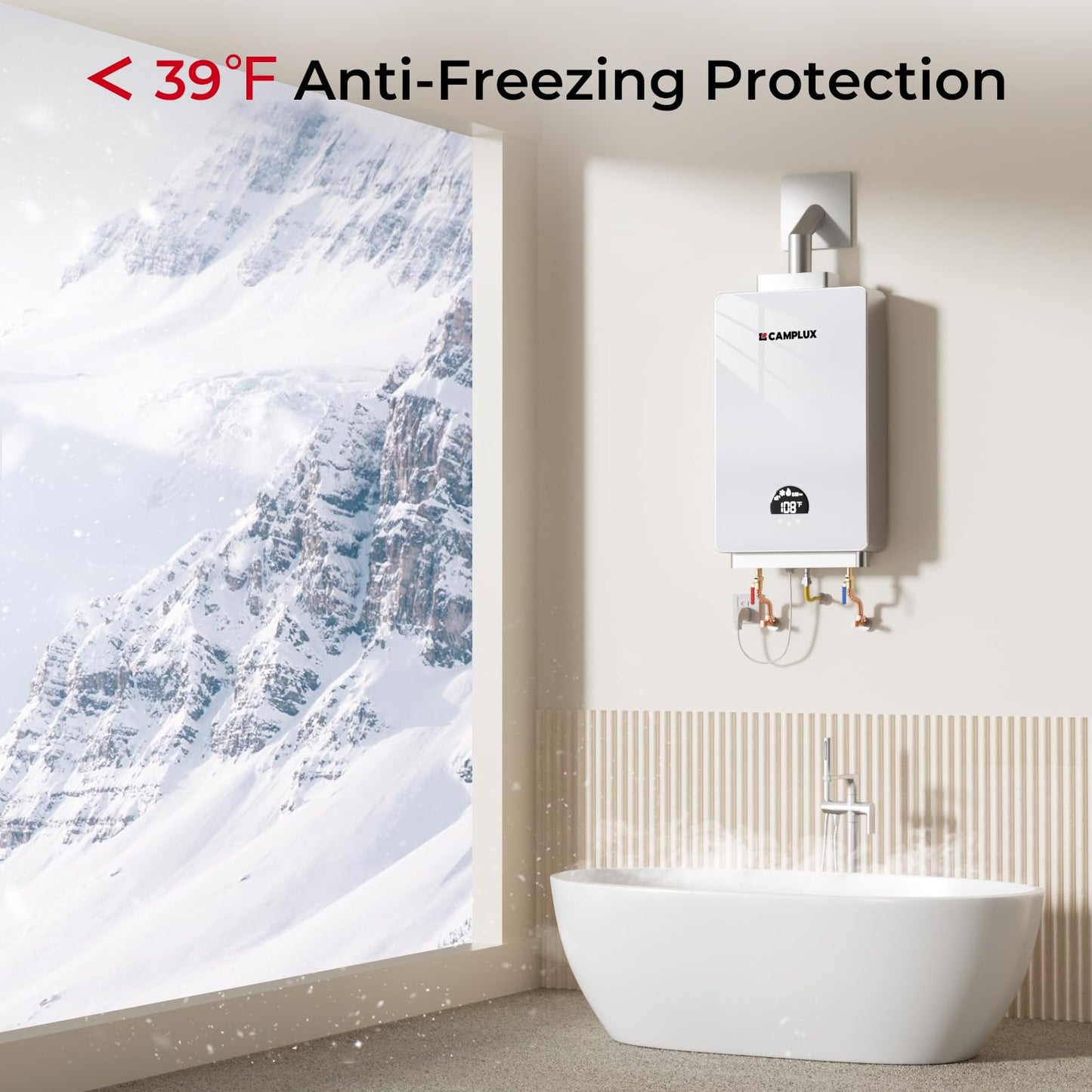 CAMPLUX Tankless Water Heater Natural Gas, 3.18 GPM Up to 3.8 GPM 82,000 BTU On demand Residential Tankless Hot Water Heater Gas Indoor for Mobile Home, Constant Temperature System, White
