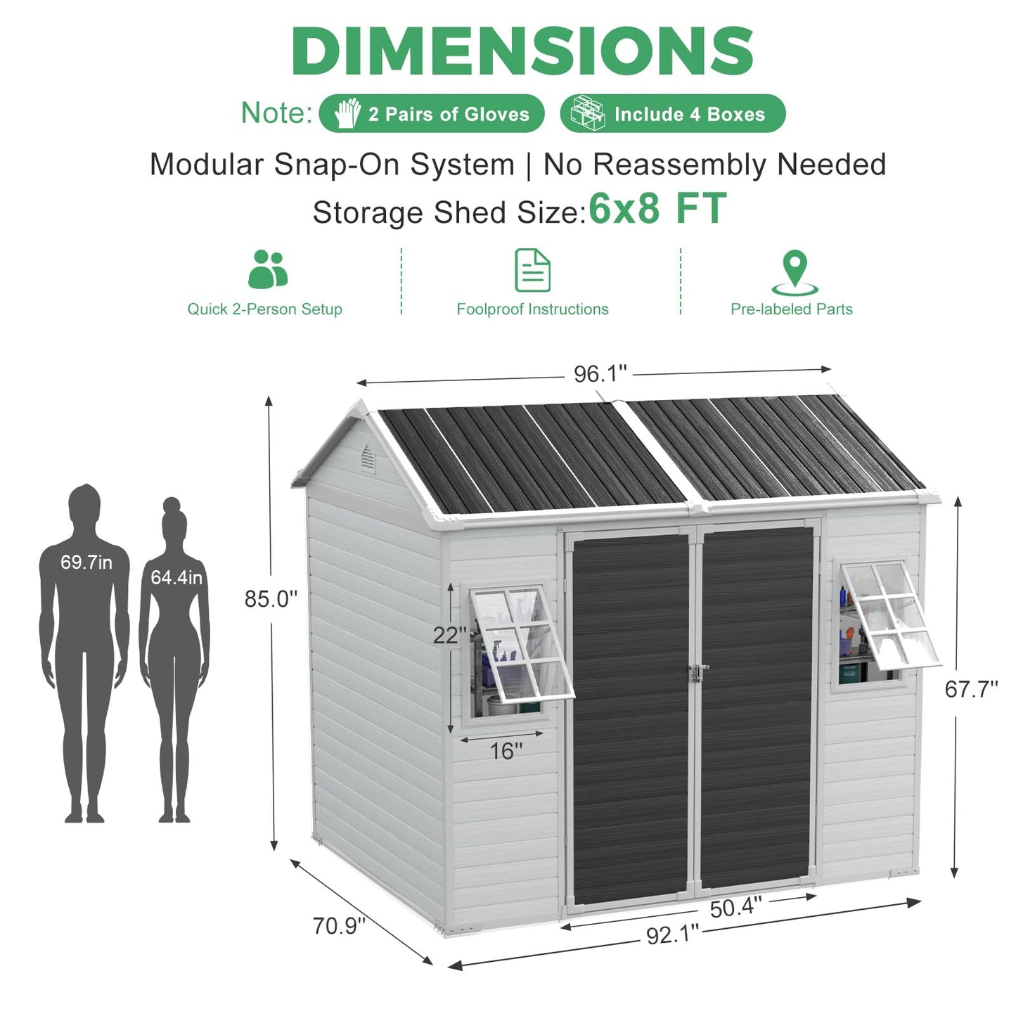 8x6 FT Resin Plastic Shed with Floor, Heavy-Duty 21-Gauge Reinforced Steel Frame, 16mm Ultra-Thick Panels, Outdoor Storage Sheds with Awning Windows and Air Vents