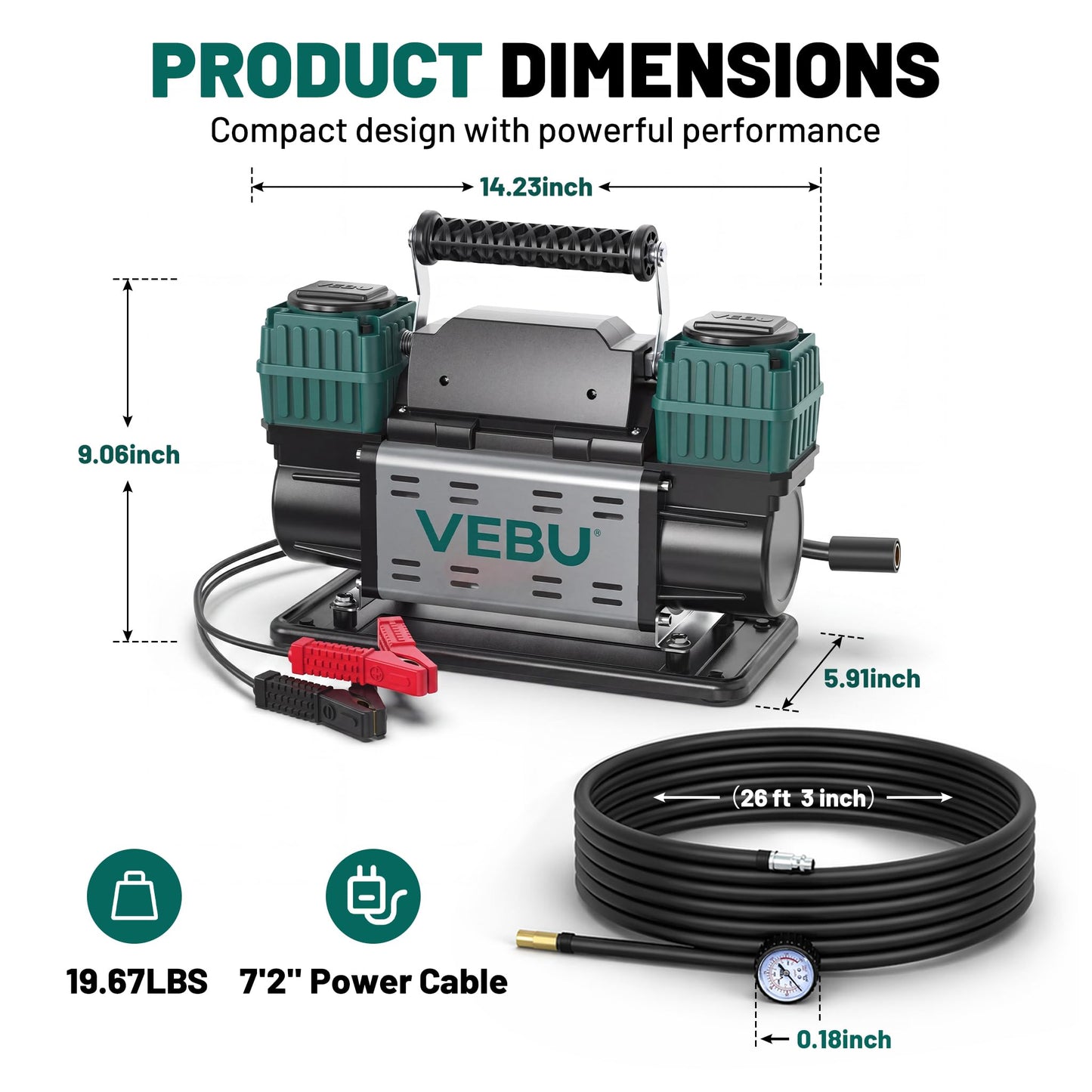 VEBU Heavy Duty Air Compressor 12V Tire Inflator, Dual Cylinder 125PSI with In-line Pressure Gauge, 10.6CFM Fast Inflation for Off-road Vehicles, Trucks, SUVs, RVs, ATVs, DC Power, Corded Electric