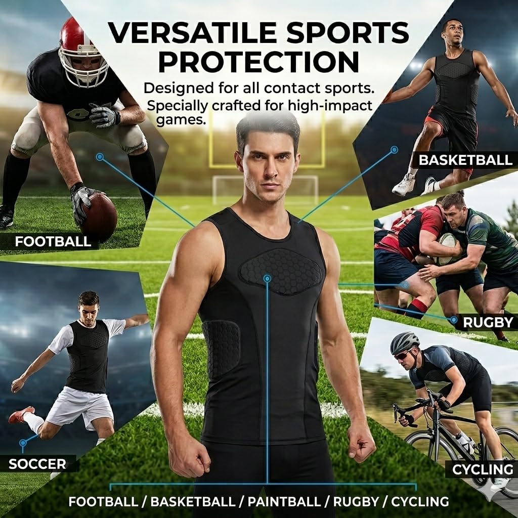 Adult Padded Compression Shirt Training Vest (4-Pad) Sleeveless T-Shirt Ribs, Back Protector Tank- Football Soccer Basketball Hockey Protective Gear