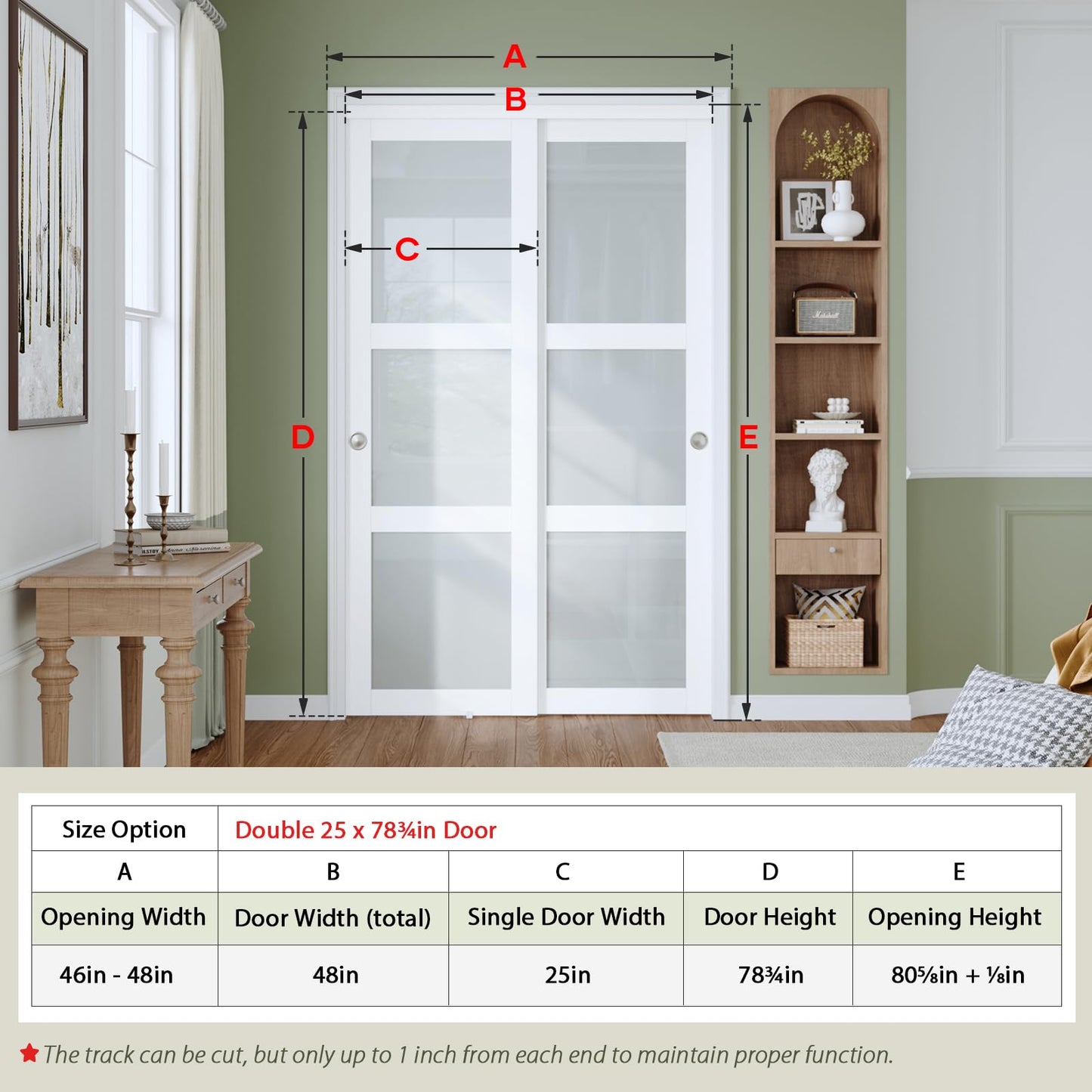 Finosen Preassembled Sliding Closet Door 48"×80"(Double 25"), 3-Lite Frosted Glass Bypass Door with Hardware Kit Include,Wood Slab with Water-Proof PVC Surface, Easy to Install, White.