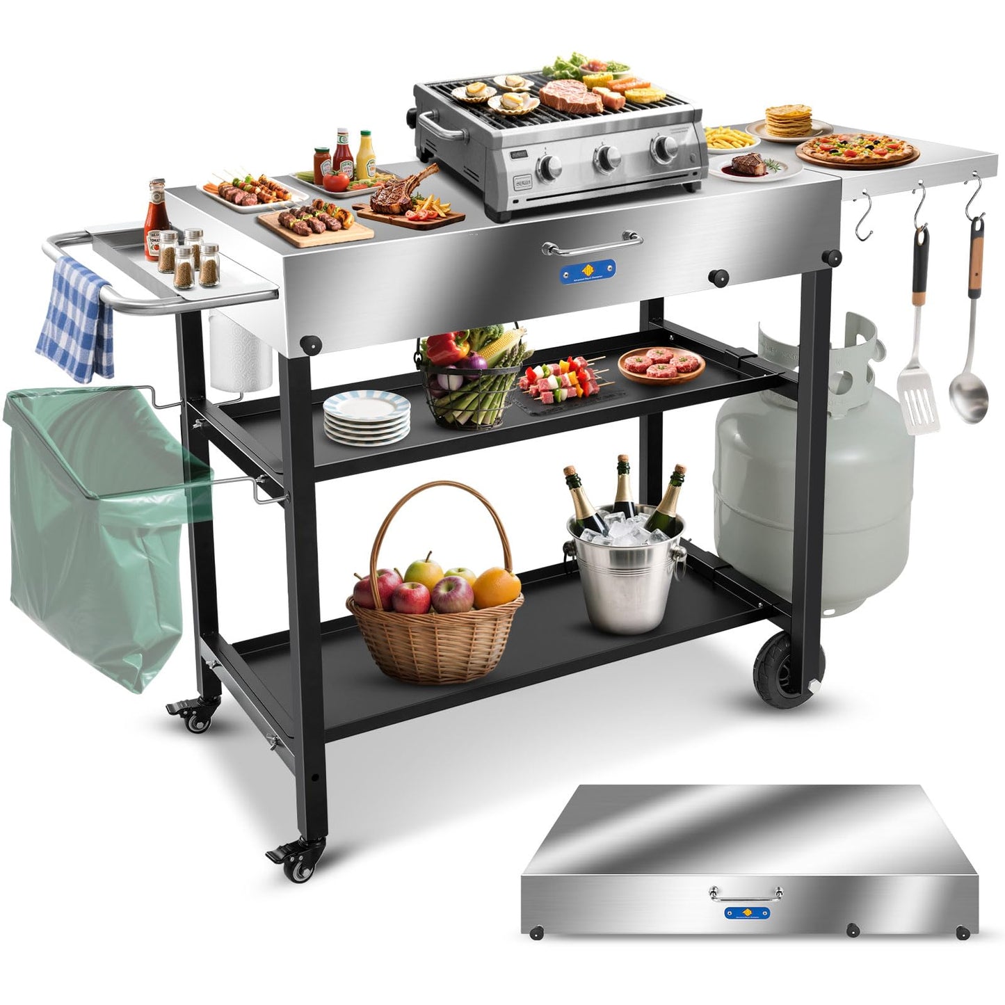 ARC Advanced Royal Champion 43" W x 17" D Stainless Steel Grill Cart Table,Blackstone Griddle Stand,440lbs Grill Table Pizza Oven Stand with Wheels for Ninja Woodfire Grill