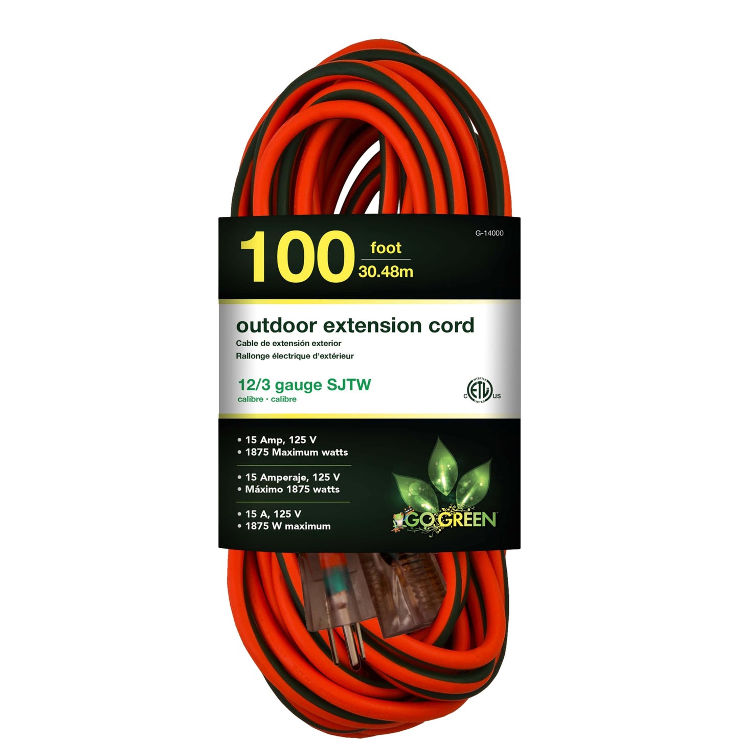 Go Green Power Inc. (G-14000) 12/3 SJTW Outdoor Extension Cord, Lighted End, Orange, 100 ft