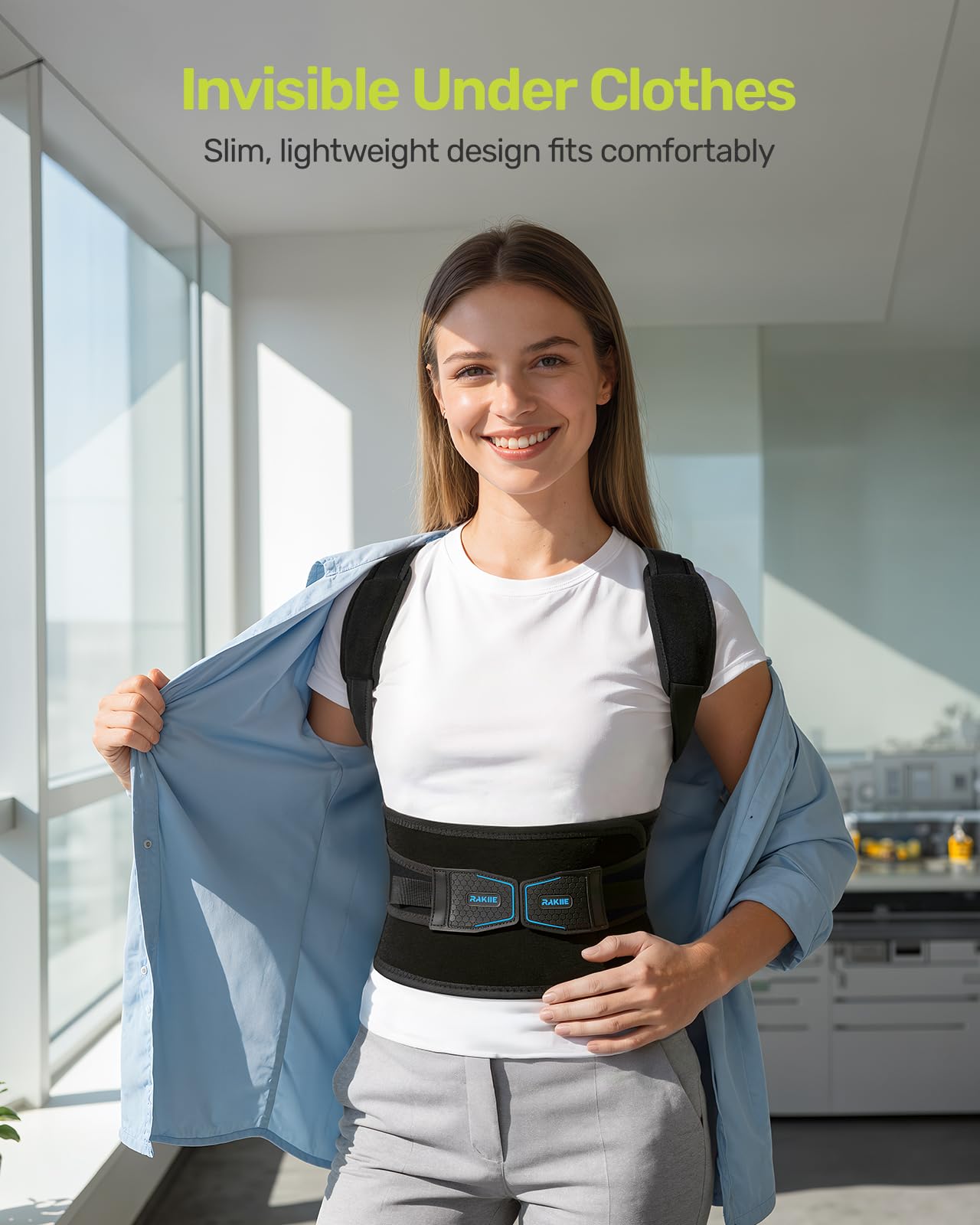 Rakiie Posture Corrector for Women Men, 4 Back Support Brace Bars, Adjustable Shoulder Straightener with Cushioned Pads for Hunchback, Round Shoulders, Back Pain Relief, Blue M