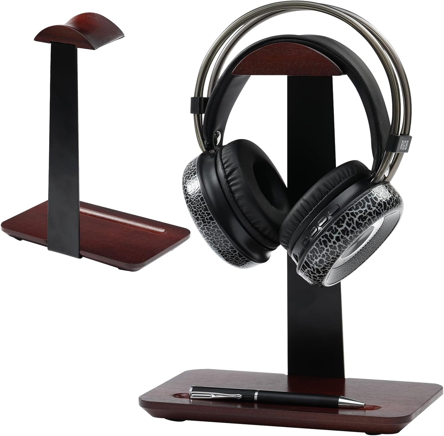 Vruelia Headset Walnut Wood Headphone Stand with Pen Holder - Desktop Wooden Headphone Stand, Solid Wood Holder