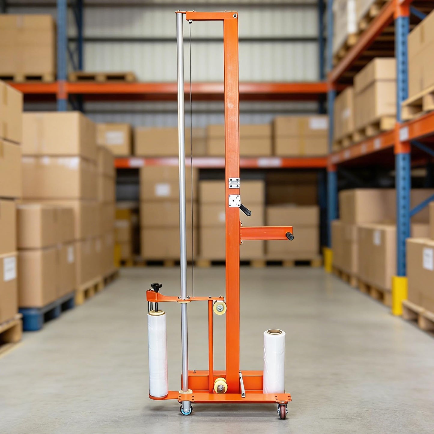 Semi-Automatic Trolley Pallet Wrapper, Heavy Duty Mobile Stretch Film Wrapping Machine with Adjustable Height, Heavy-Duty Steel Frame for Warehouse Logistics