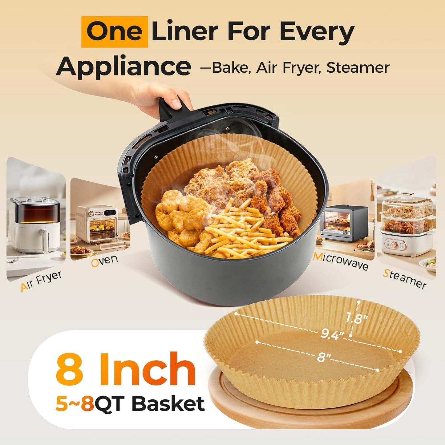 Vailnd Disposable Air Fryer Liners - 150 Pcs Heavy-Duty Non-Stick Parchment Paper | 8" Round for 5-8 Qt Baskets