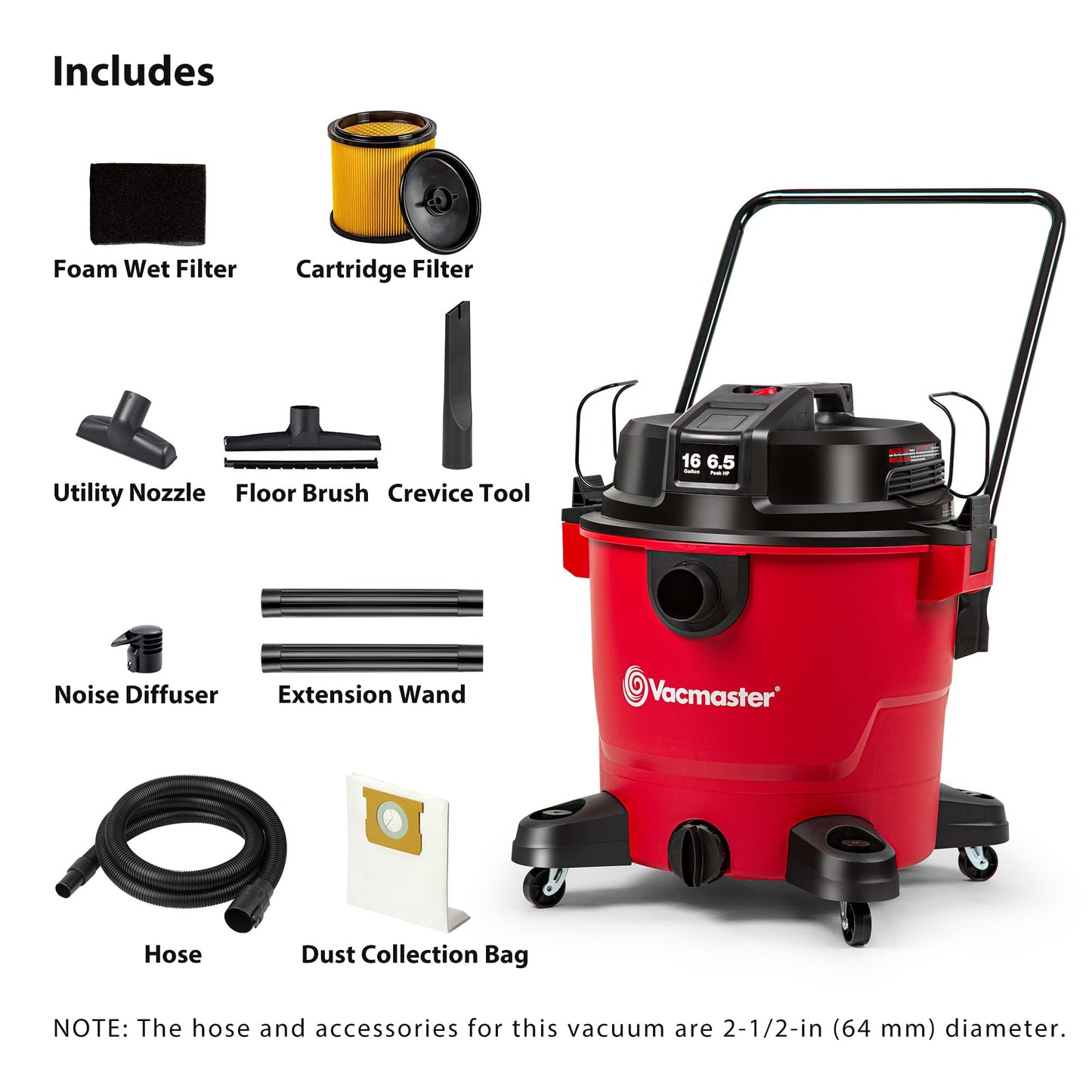 Vacmaster 16-Gallon 6.5 Peak HP† Wet/Dry Vacuum – VJH1612PF 1101, Red