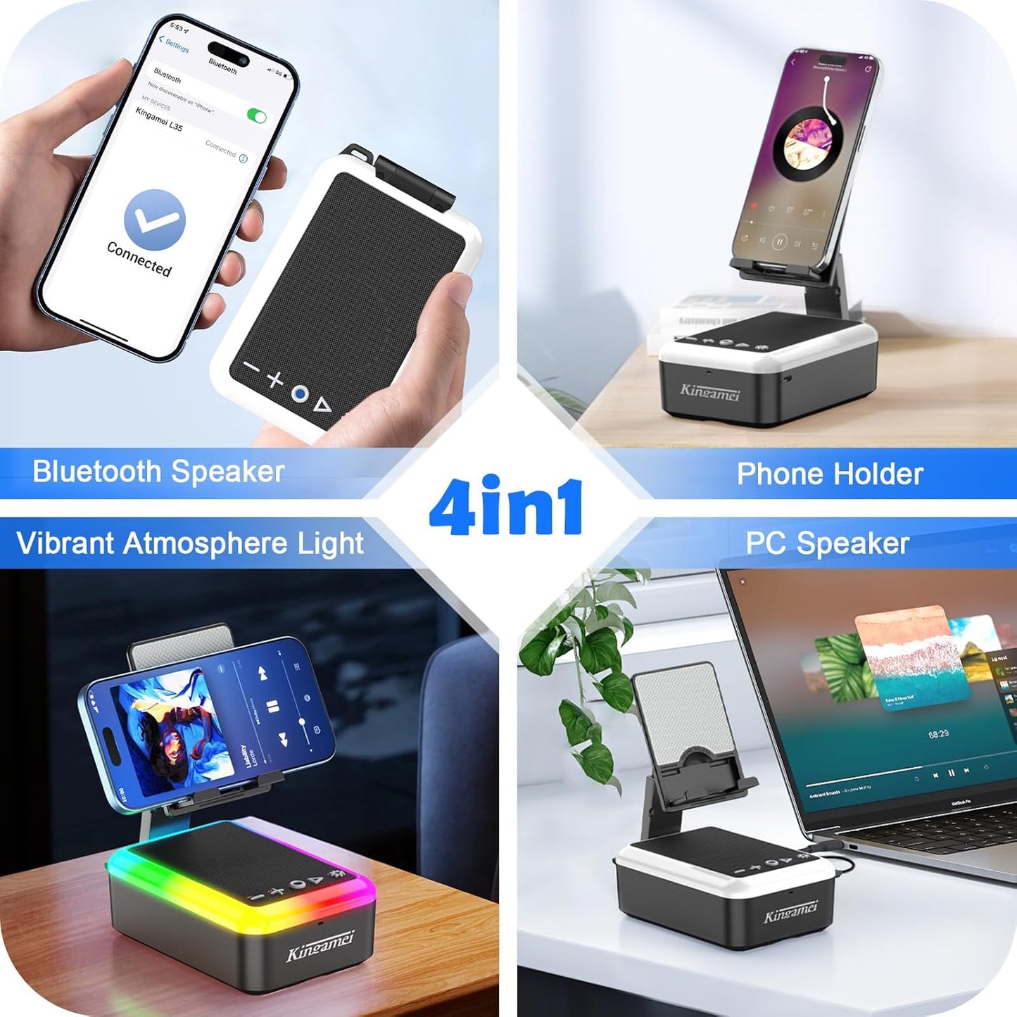 Kingamei 3-in-1 5.3 Cell Phone Stand with Bluetooth Speaker, RGB Colorful Light Desk Phone Holder, Foldable Cool Tech