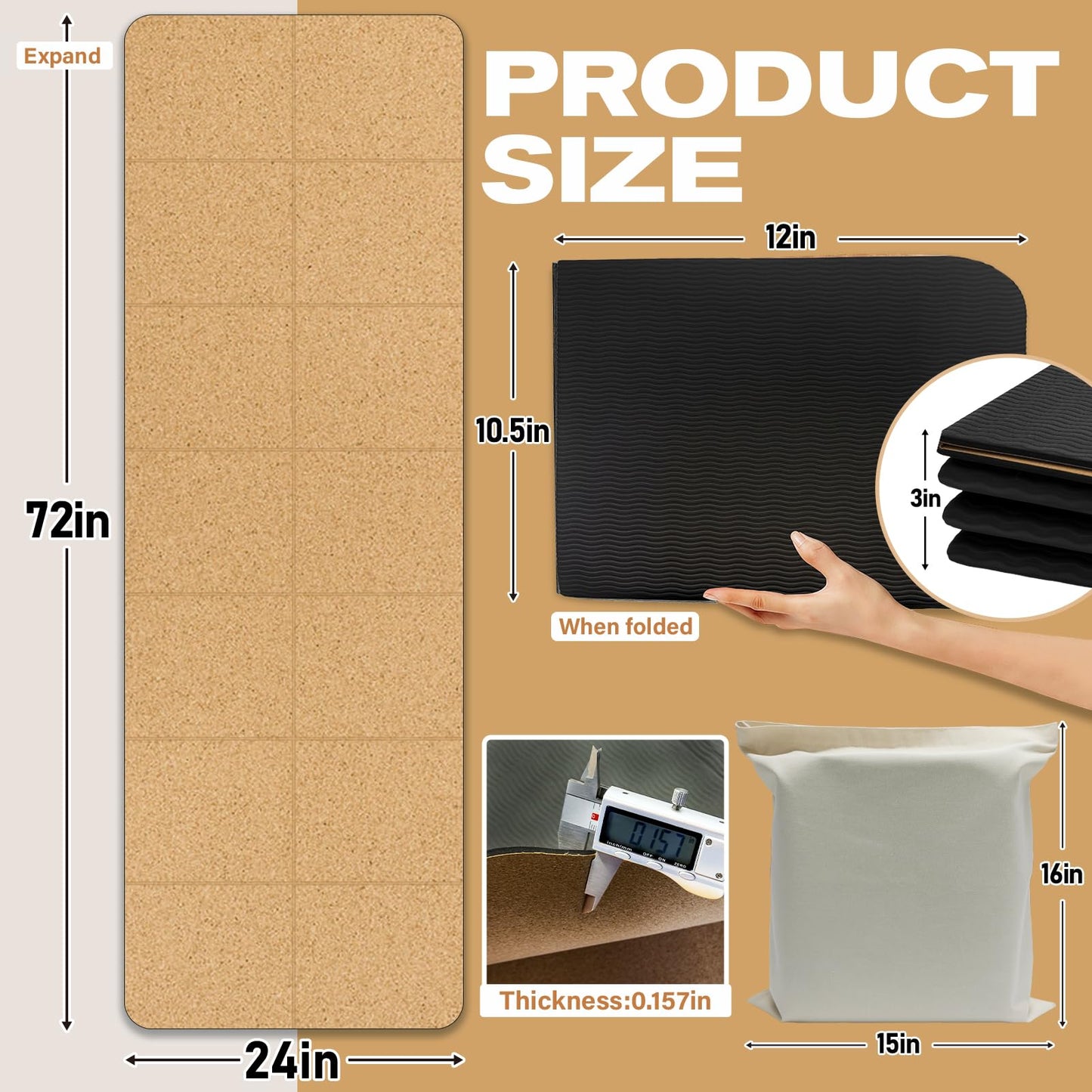 LILXIU Foldable Cork Yoga Mat 72 * 24 in 4 mm Thick Sweat Resistant with Rubber Base Hot Yoga Mat with Storage Bag Lightweight Grip Mats for Travel and Pilates Fitness Home Workouts