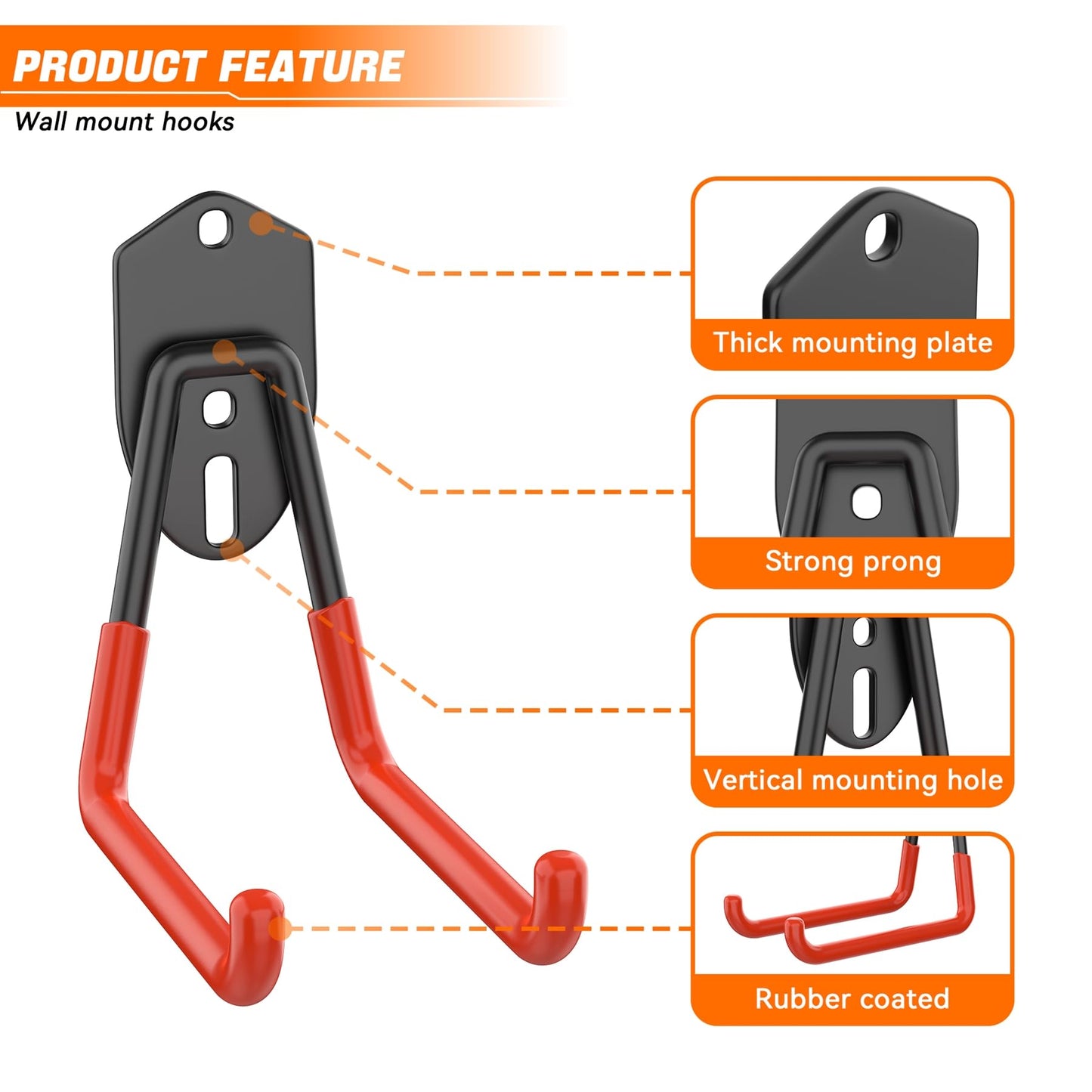 TORACK 24 PCS Garage Storage Hooks with Tracks, Wall Mount Tool Organizer for Garden Tools, Ladders, Cords, Folding Chairs, Shovels and Rakes, Shelving Hooks for Keyhole Style Shelving Units
