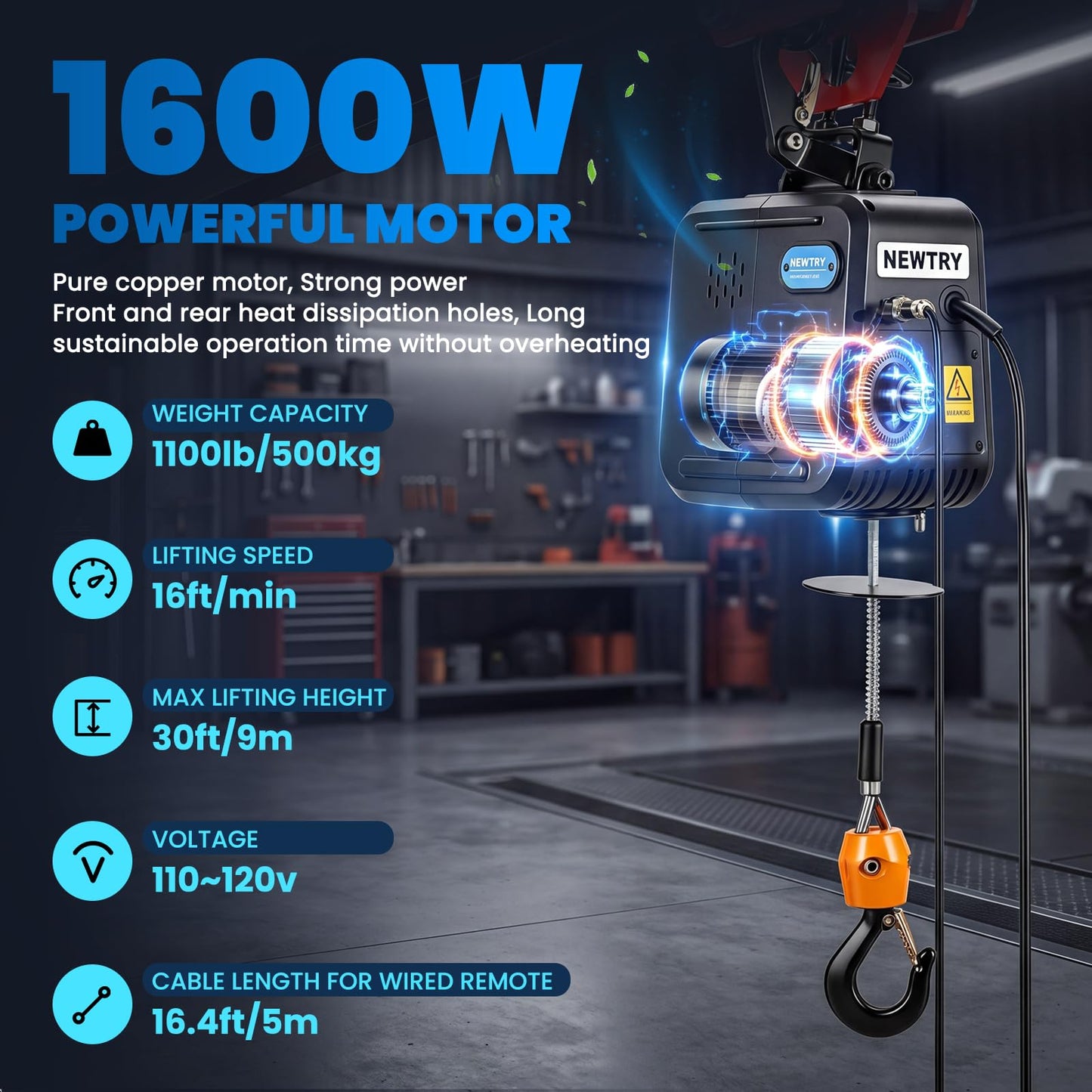 NEWTRY 1,100lb Electric Hoist Pro, Electric Winch 110v 120v, with 2 Wireless Remote Control, Cable Remote Control, Vertically & Horizontally