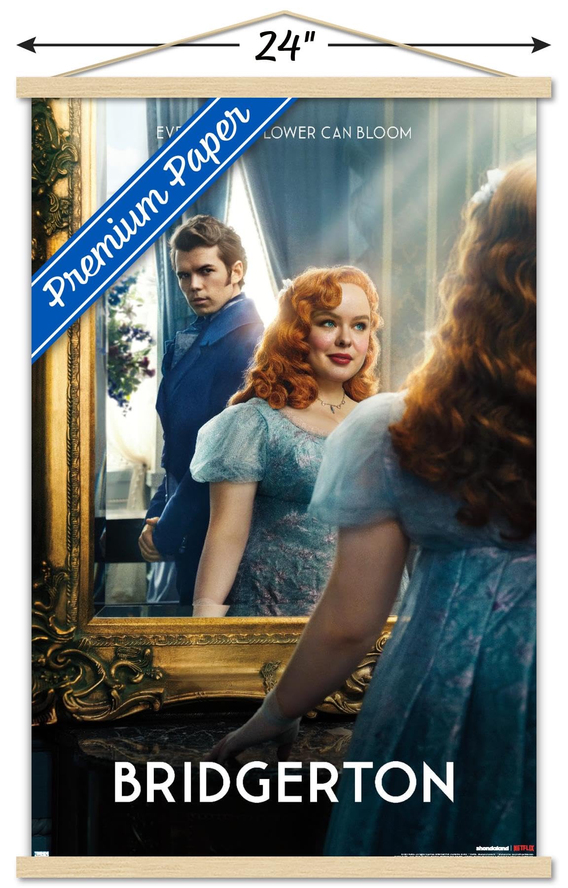 Trends International Netflix Bridgerton: Season 3 - Penelope and Colin One Sheet Wall Poster with Magnetic Frame, 22.37" x 34.00", Premium Print and Beechwood Hanger Bundle