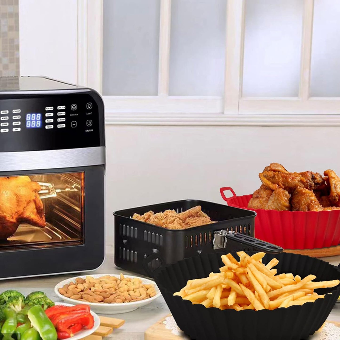 Skiennix Air Fryer Silicone Liners - Reusable 8-Inch Baking Tray for 3 to 5 Qt Ovens | Red & Black
