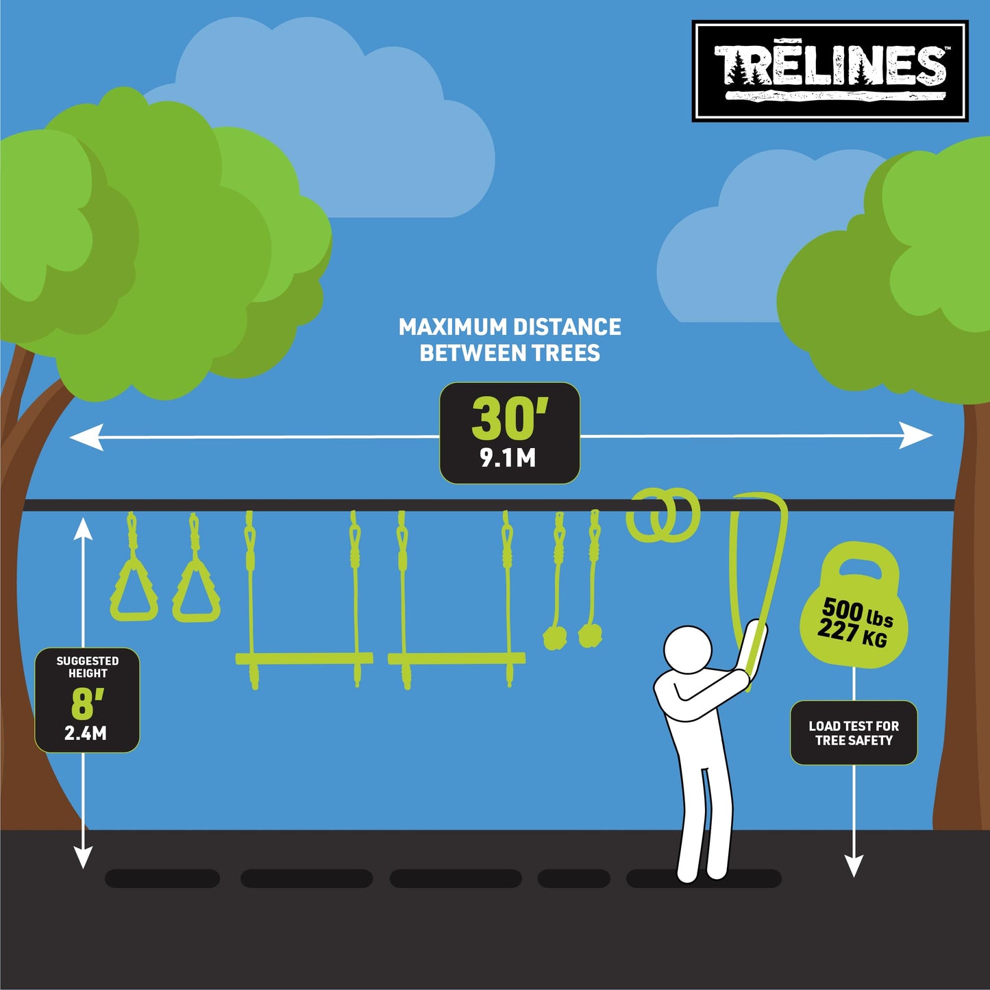 Trelines 36ft. Ninja Adventure Kit, Slackline Obstacle Course and Outdoor Playground Set - 8 Ninja Warrior Accessories - Monkey Bars for Backyard, Kids Outdoor Play Jungle Gym - Ages 5+ Holds 250lbs