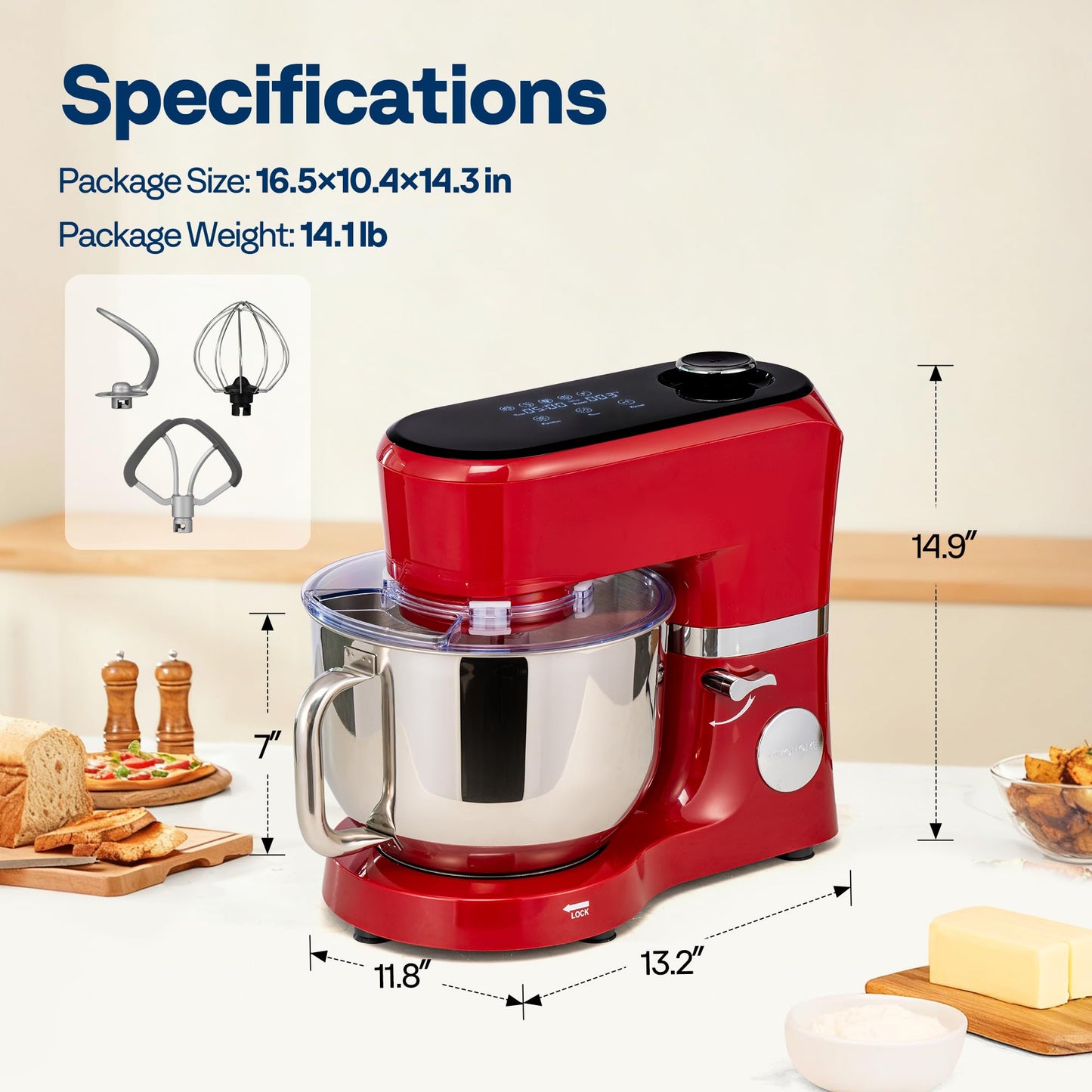 VIVOHOME Stand Mixer with Fermentation, One-Touch Presets Electric Dough Mixer with 6 Qt Bowl, Kitchen Standing Mixer for Baking, Cake with Flex Edge Beater, Bread Hook, Whisk, Red