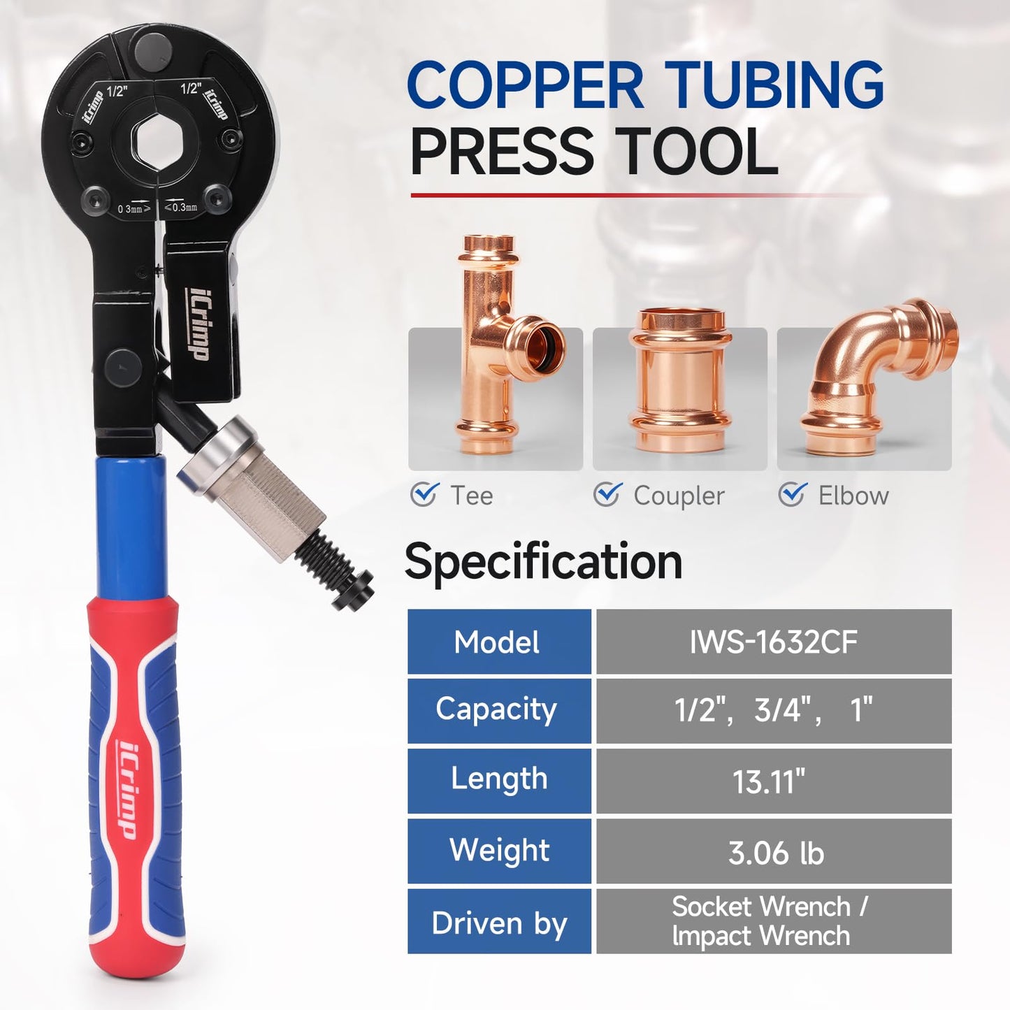 iCrimp Copper Pipe Press Tool for 1/2" 3/4" 1" Fittings, Manual Wrench & Electric Socket Dual-Drive Crimping Tool with Cutter, Compatible with ProPress, Compact Design for Tight Spaces