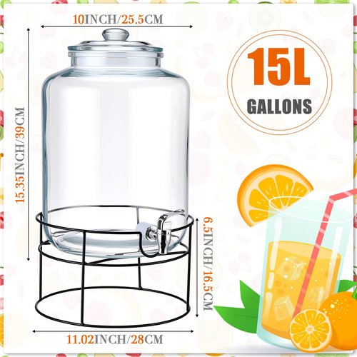 Honeydak 1 Pack 4 Gallon Glass Beverage Dispenser with Stand and Spigot Leakproof Glass Drink Beverage Storage for Valentine's Parties Mason Jar Dispenser with Lids