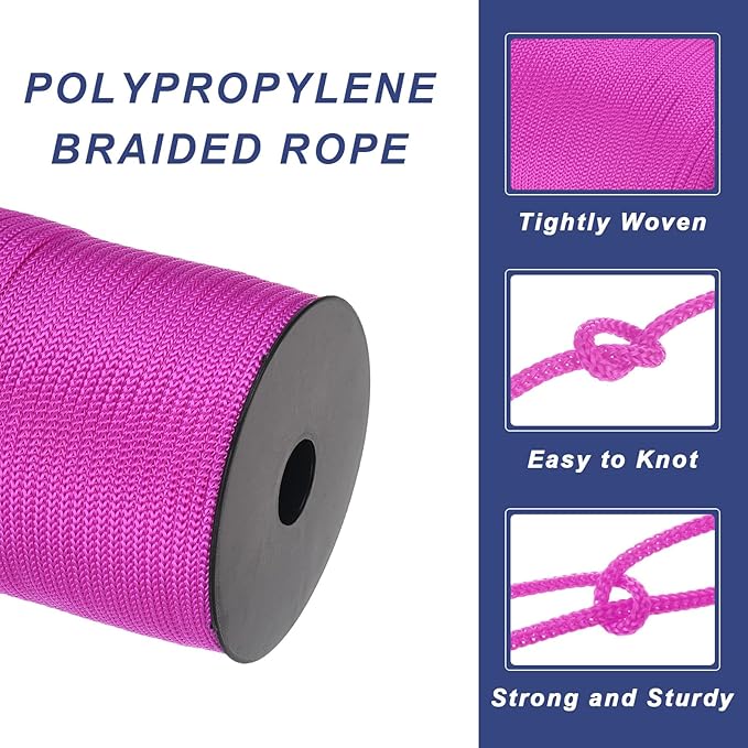 MECCANIXITY 5/32 Inch Polypropylene Rope Braided Ropes, 328ft Camping Rope Hollow Utility Cord for Clothesline, Hiking, Outdoor, Rose Red