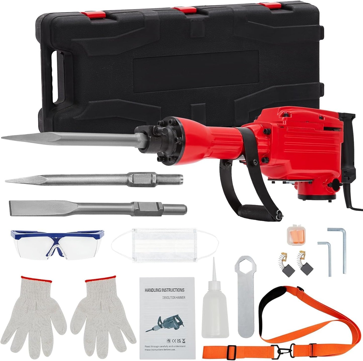 1700W Heavy Duty Electric Jack Hammer,Demolition Power Tool Kit With 3 Chisel Bits,Carrying Case & Safety Gloves for Concrete,Brick and Masonry, 3-Piece Set