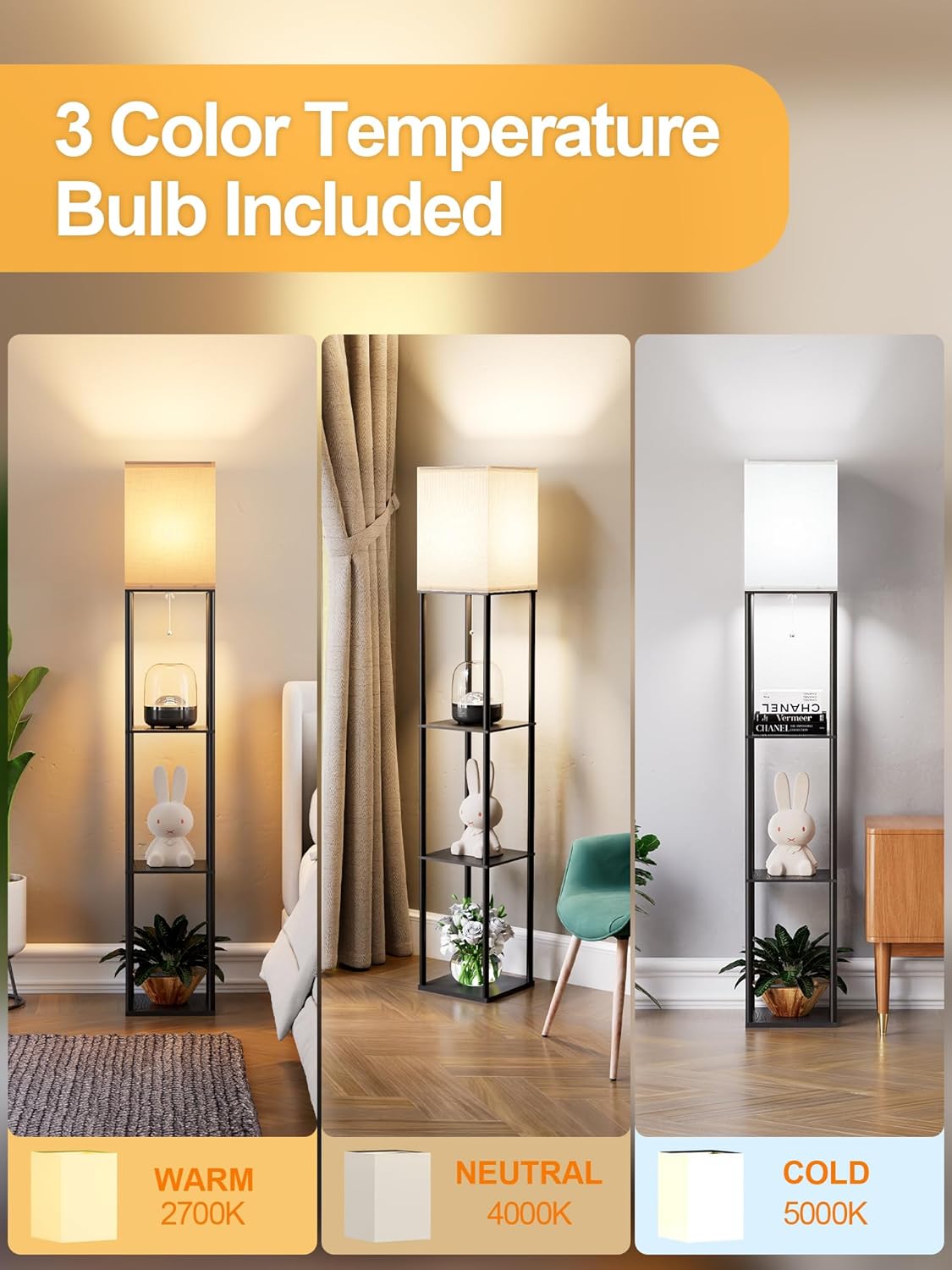 Skiennix Floor Lamp - Stylish Corner Display with 3 CCT LED Bulb & White Linen Shade | Versatile Organizer for Living Room & Bedroom