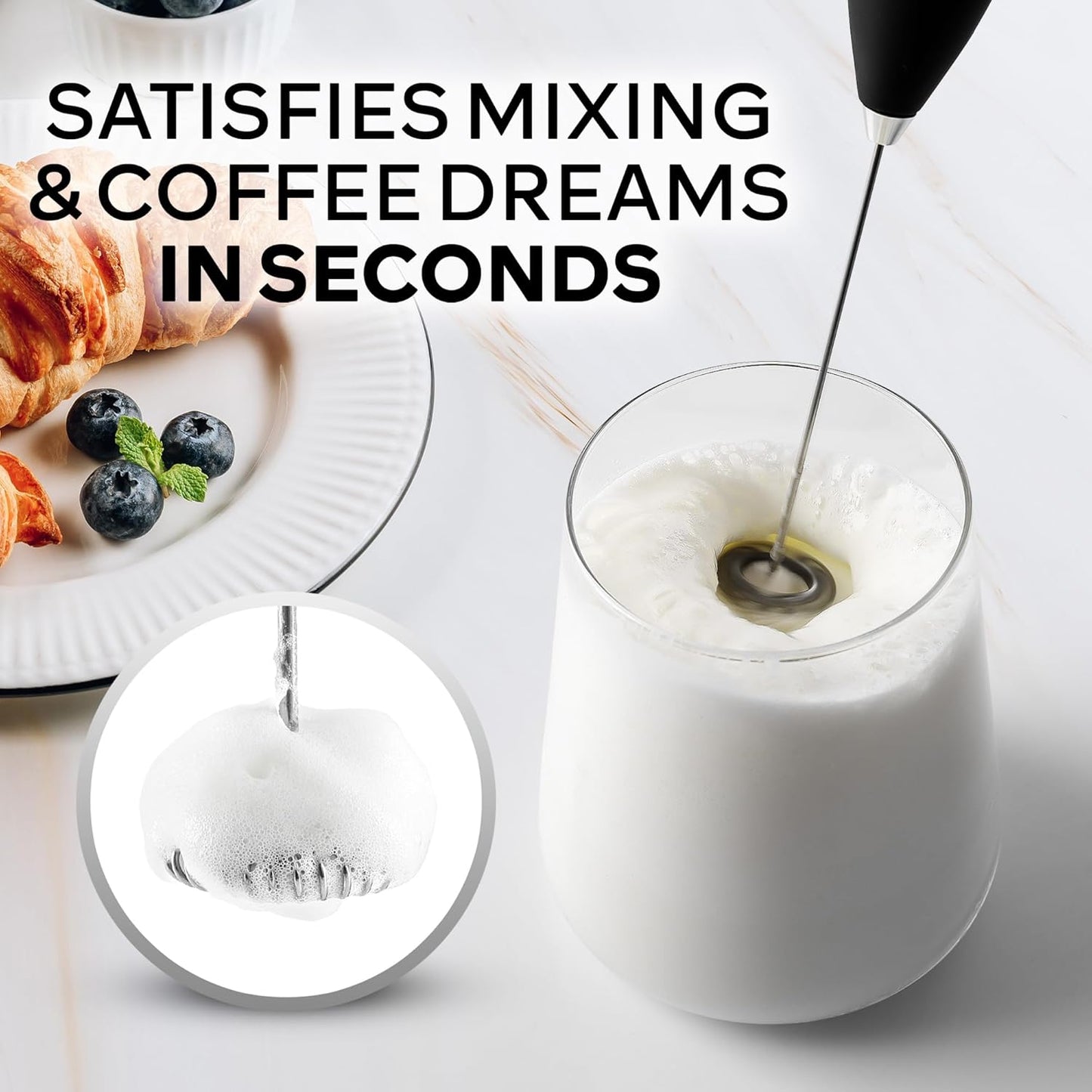 Zulay Kitchen Milk Frother Wand - Ultra-Fast Handheld Electric Whisk for Coffee & Lattes - Metallic Black