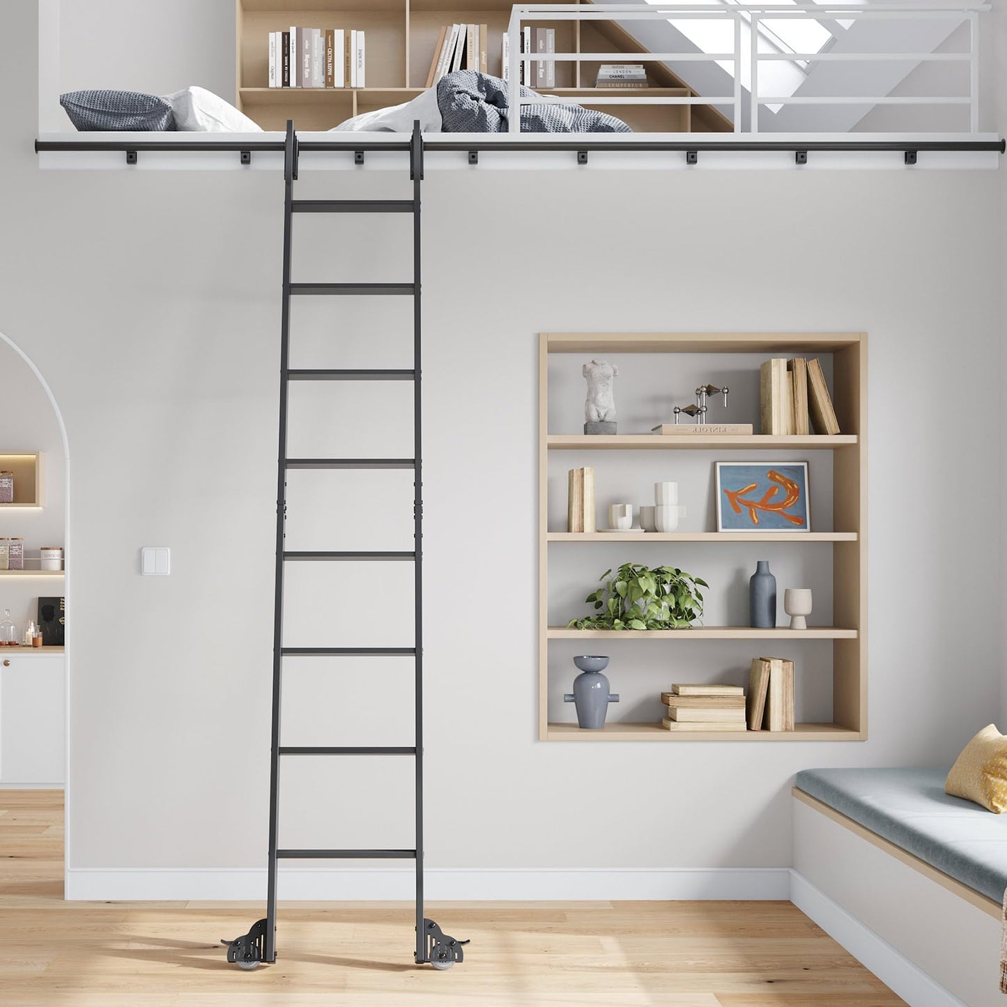 Fredbeck Aluminium Rolling Library Step Ladders 108" with 12FT Sliding Hardware Track Kit for Kitchen,Loft,Warehouses,Bookstore,attic,Metal Black