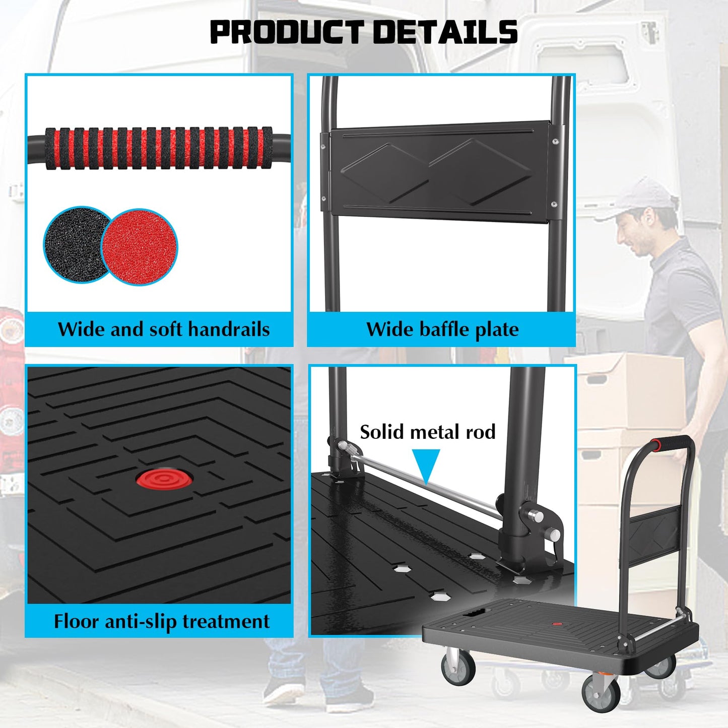 Platform Truck, Foldable Handcart with Swivel Wheel 34"x22" Heavy-Duty Push Dolly Cart,1000lbs Capacity, 6 Steel Load-Bearing Beams for Warehouse Garage Home Use