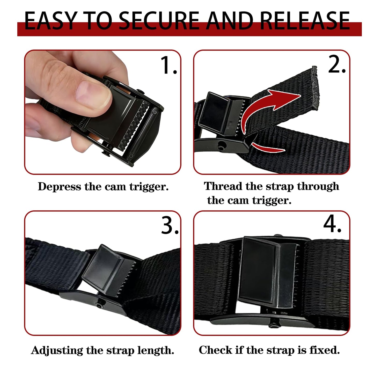 Lashing Straps with Buckles, 4Pack, 1 Inch × 5 Feet, Cargo Tie-Down Strap, Adjustable Cam Buckle Straps for Storage Luggage Trucks,Trailer,Motorcycle (4 Pack Black，1"*5)