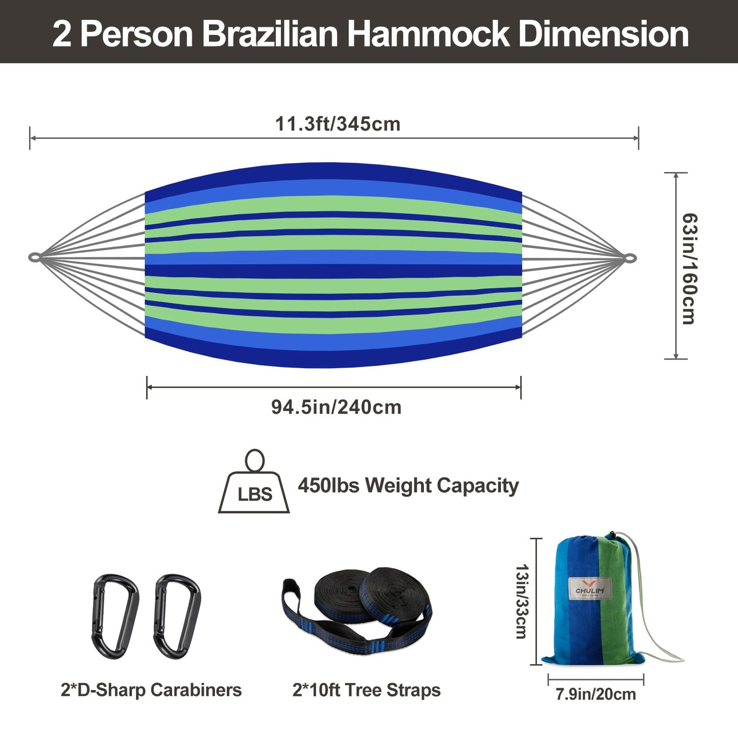 CHULIM Brazilian Double Hammock with Tree Straps,Extra Large 240x160cm,2 Persons Hammock for Backyard Patio Outdoor and Indoor,450lbs Weight Capacity,Soft Woven Cotton Fabric