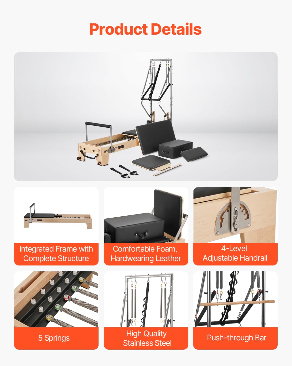 VEVOR Pilates Reformer, Wooden Pilates Machine for Home Gym Studio, Strength Training Workout Equipment with Dual Resistance, Reformer Box, Jump Board, for Advanced Users and Beginners, Up to 400 LBS