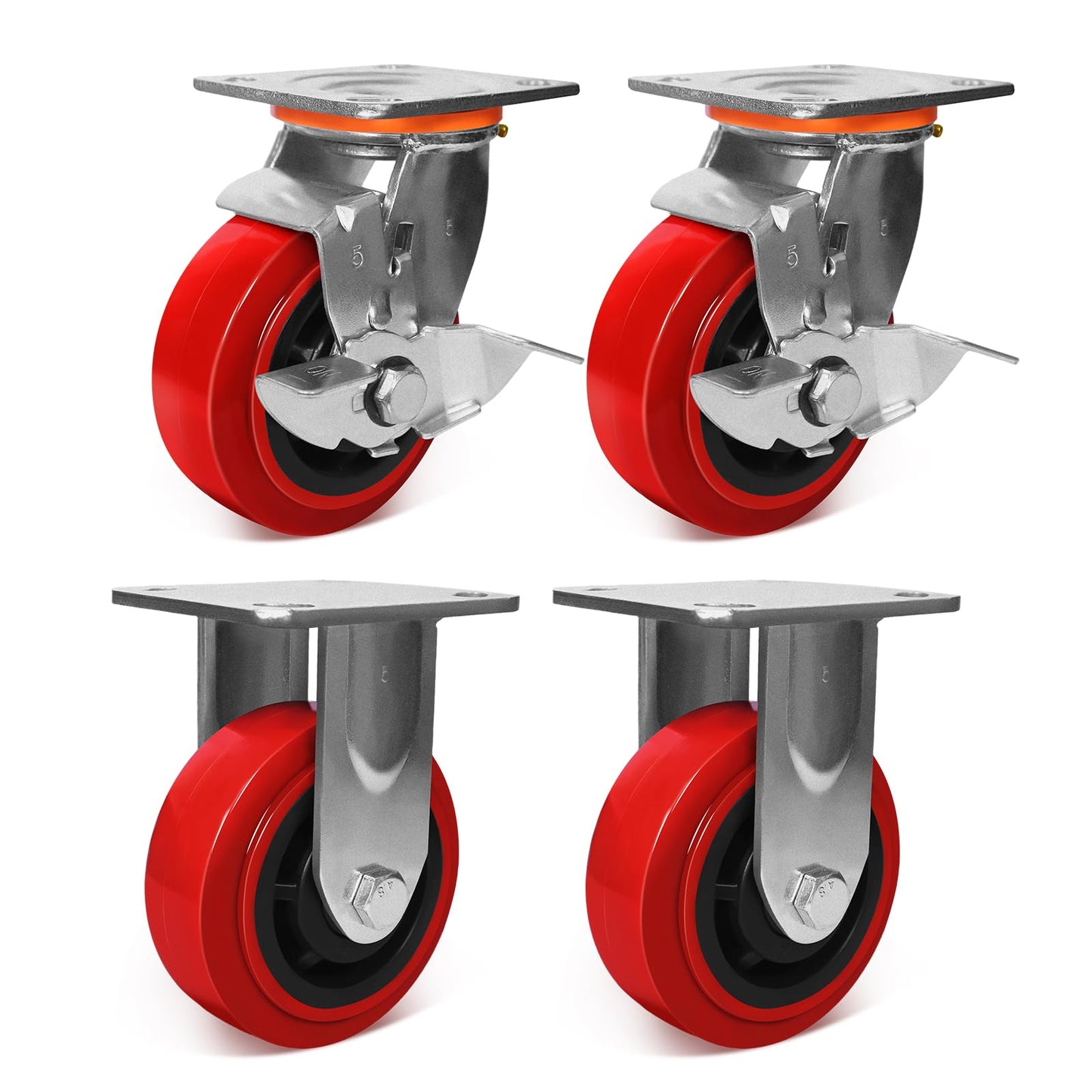 5"x2" Polyurethane Wheels- Heavy Duty Casters Set of 4, Industrial Grade Polyurethane Casters 4000 lbs Load Capacity. Use for Workbench, Industrial Equipment (2 Brake & 2 Rigid)