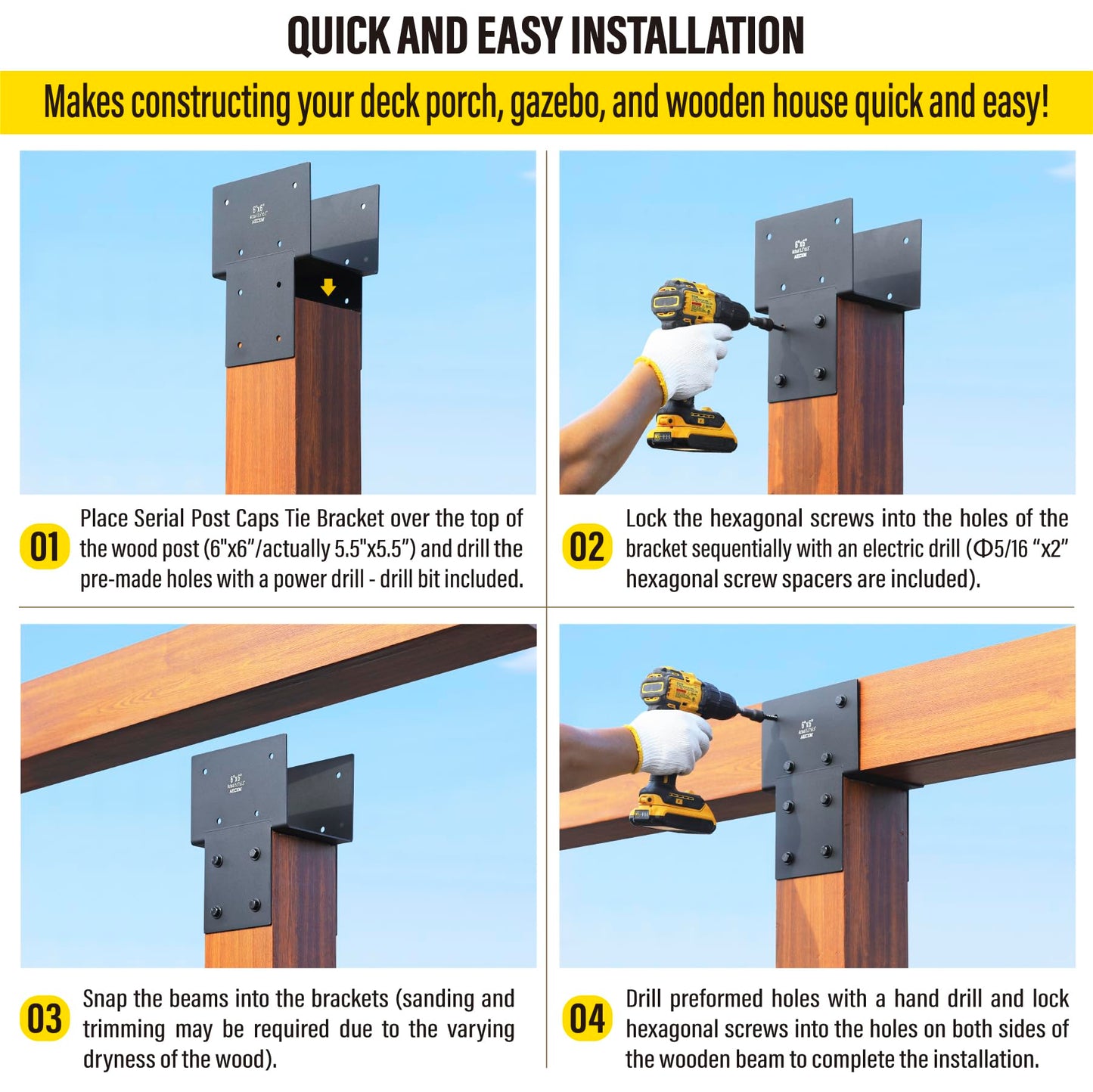 6"x6" (Actual 5.5"x5.5") Heavy Duty Post Caps Tie Brackets for Wood, Deck Post to Beam Connector Bracket（Serial Post） 1Pack