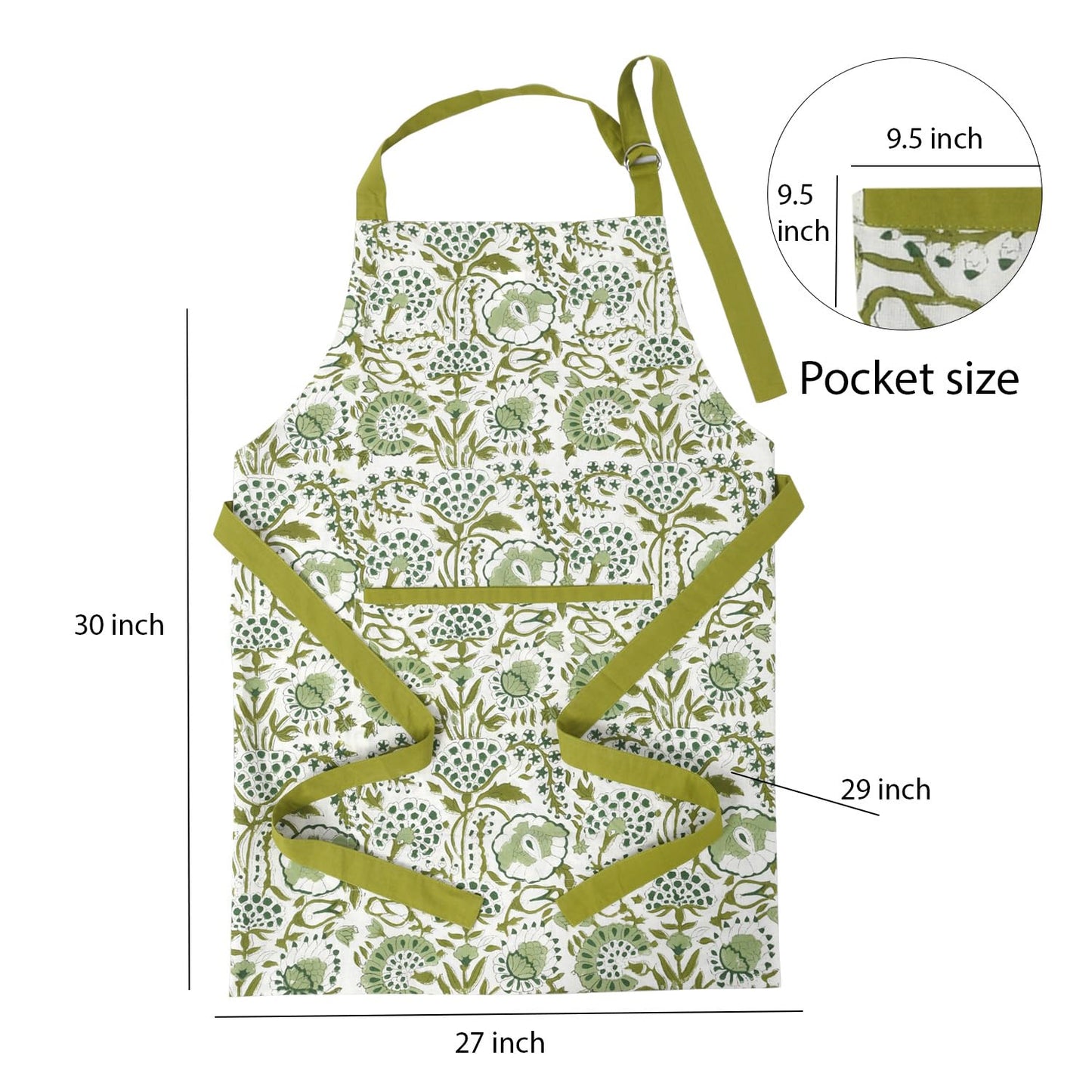 CPC Agate Green 100% Cotton Block Print Kitchen Apron with an Adjustable Neck with Long Ties for Women Men Chef-Handmade Cooking Apron Gift For Spring, Mother's Day