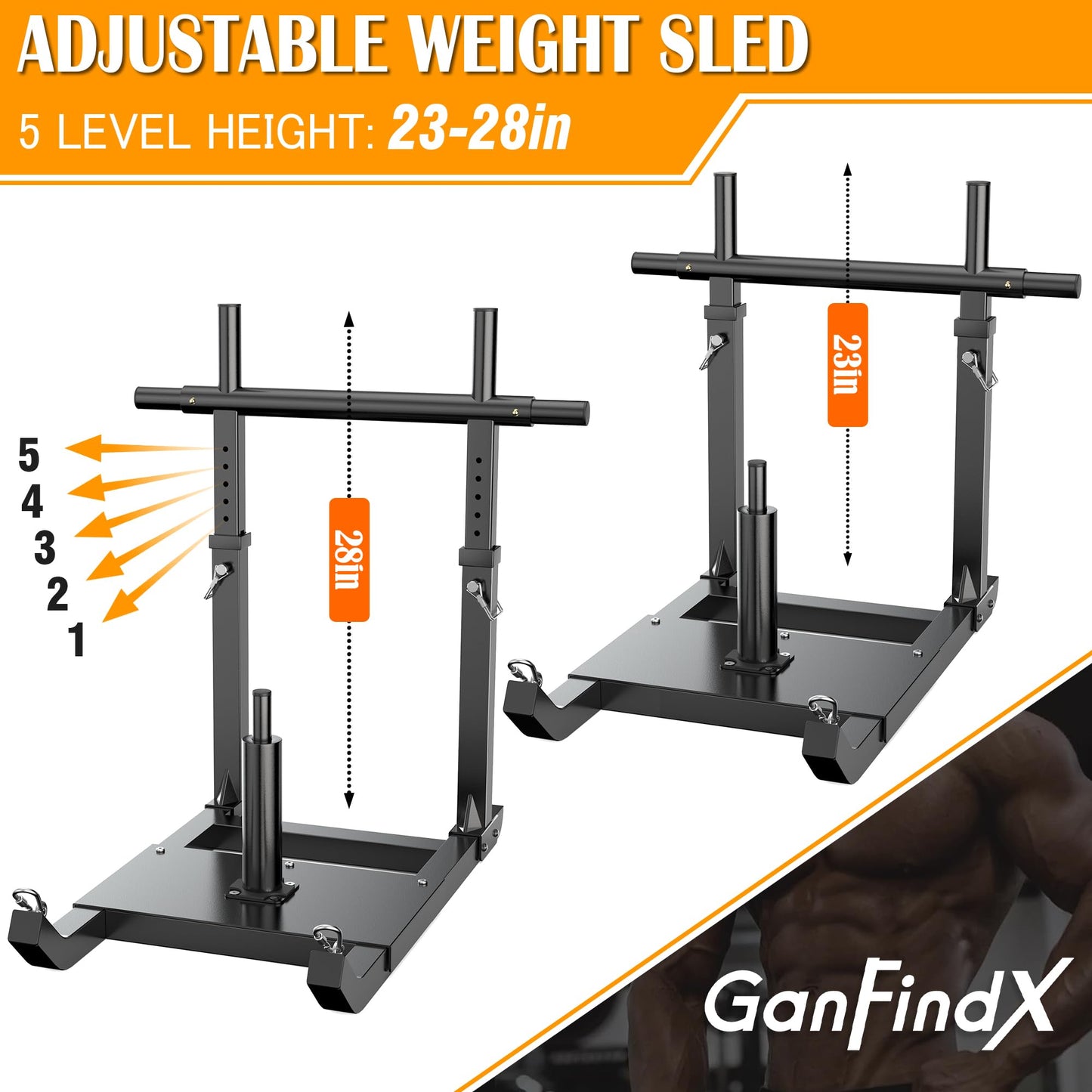 GanFindX Adjustable Weight Sled with Straight Handlebar for Push & Pull Training, Heavy Duty Fitness Sled with 5 Height Levels, Strength Speed Trainer, Fits 1"&2" Plates