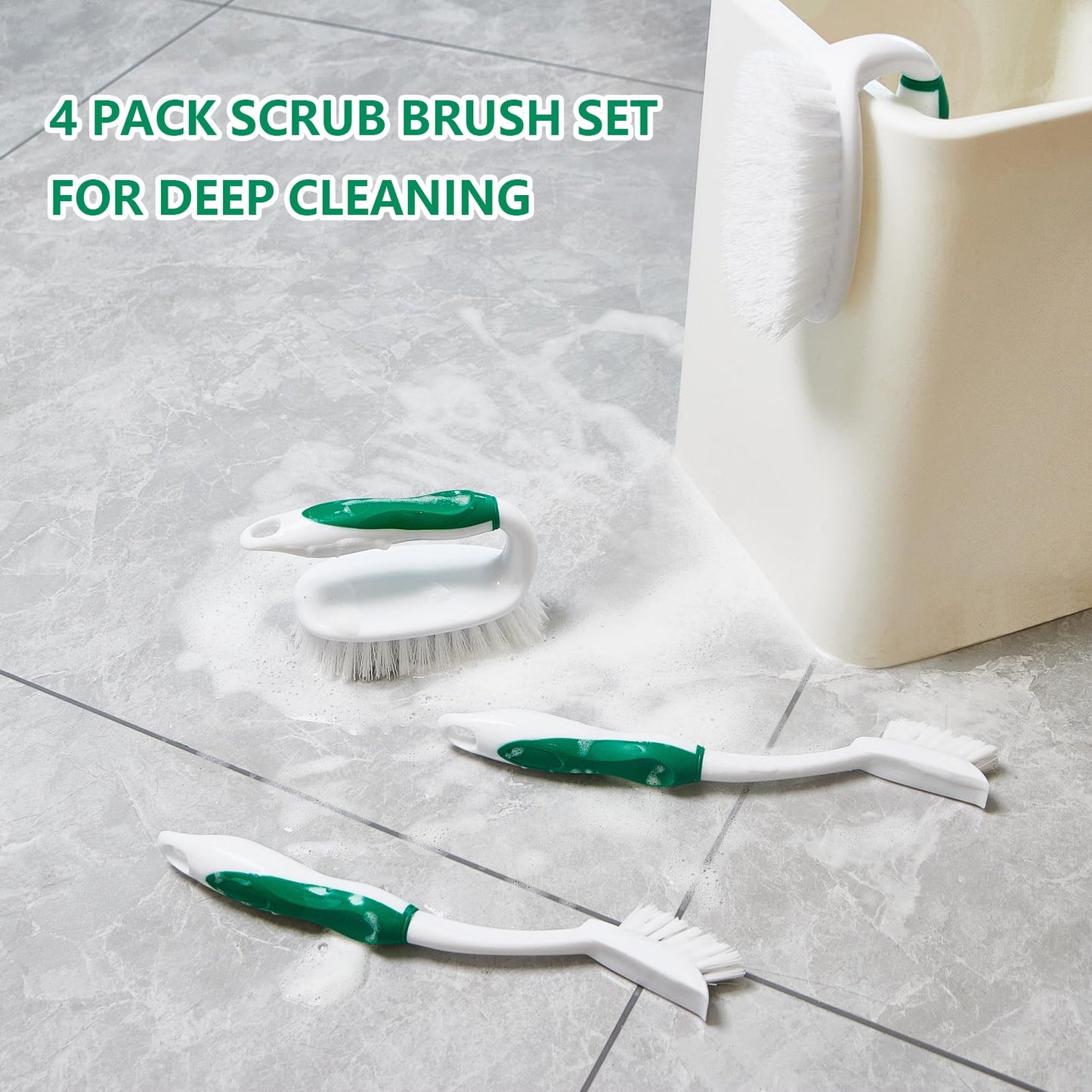 HileSwan Scrub Brush Set, 4 Pack Deep Cleaning Brush Kit - 2 Scrub Brush, 2 Tile & Grout Brush with Built-in Scraper, Household Commercial Scrubber for Floor, Shower, Pool Wall, Tub (Green)