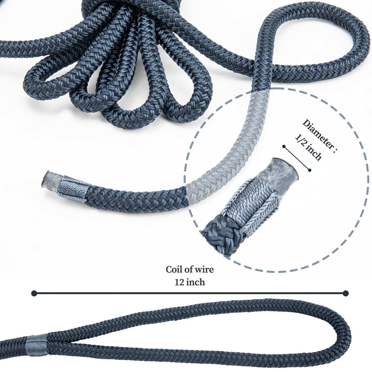 PropelTech 4 Pack 1/2" x 15’ Boat Dock Lines for Boat & Pontoon, Premium Marine- Grade Double Braided Nylon Dock Line, Pre-Spliced with a 12" Eyelet-Navy Blue,Boating Gifts for Men