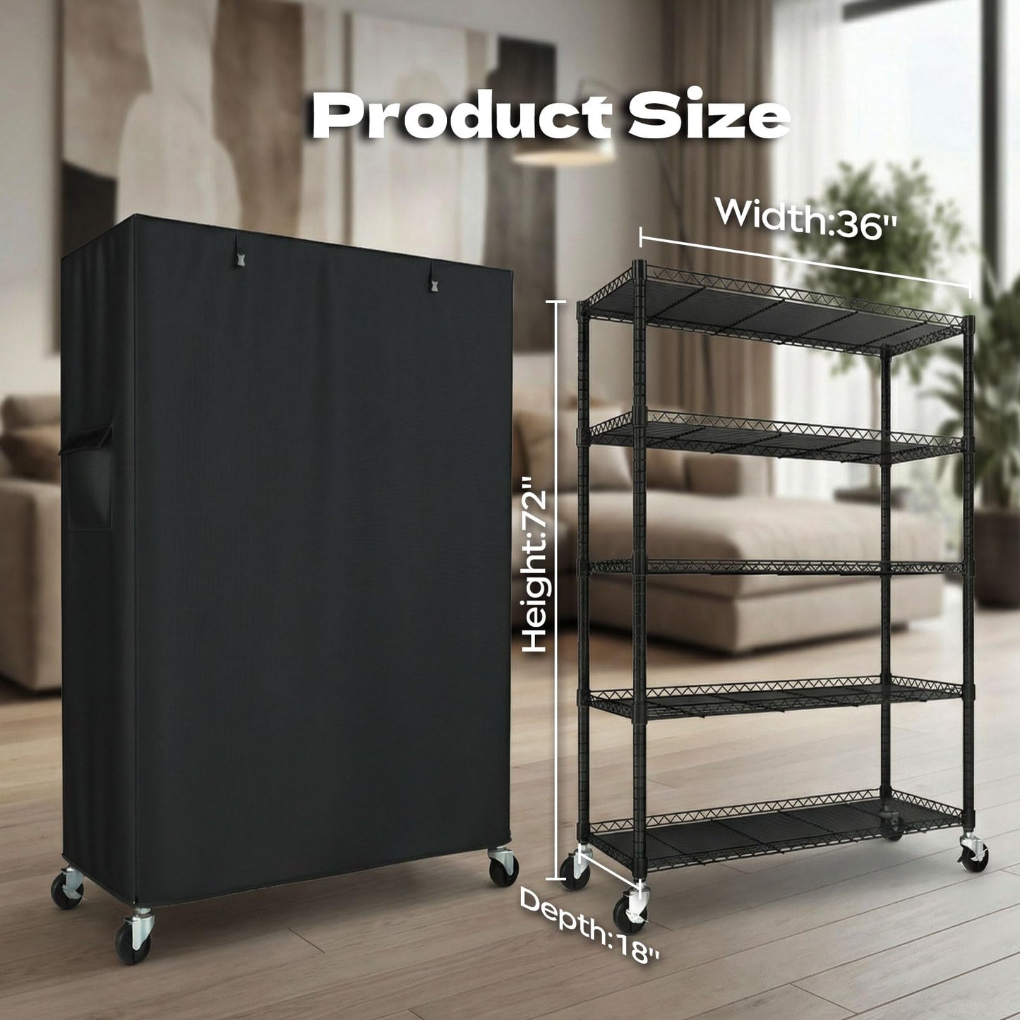 ZYSUOR Wire Shelving Unit with 600D Oxford Cover, 36" W x 18" D x 72" H, 5-Tier Heavy Duty Rolling Shelf Rack on Wheels for Garage, Basement & Warehouse