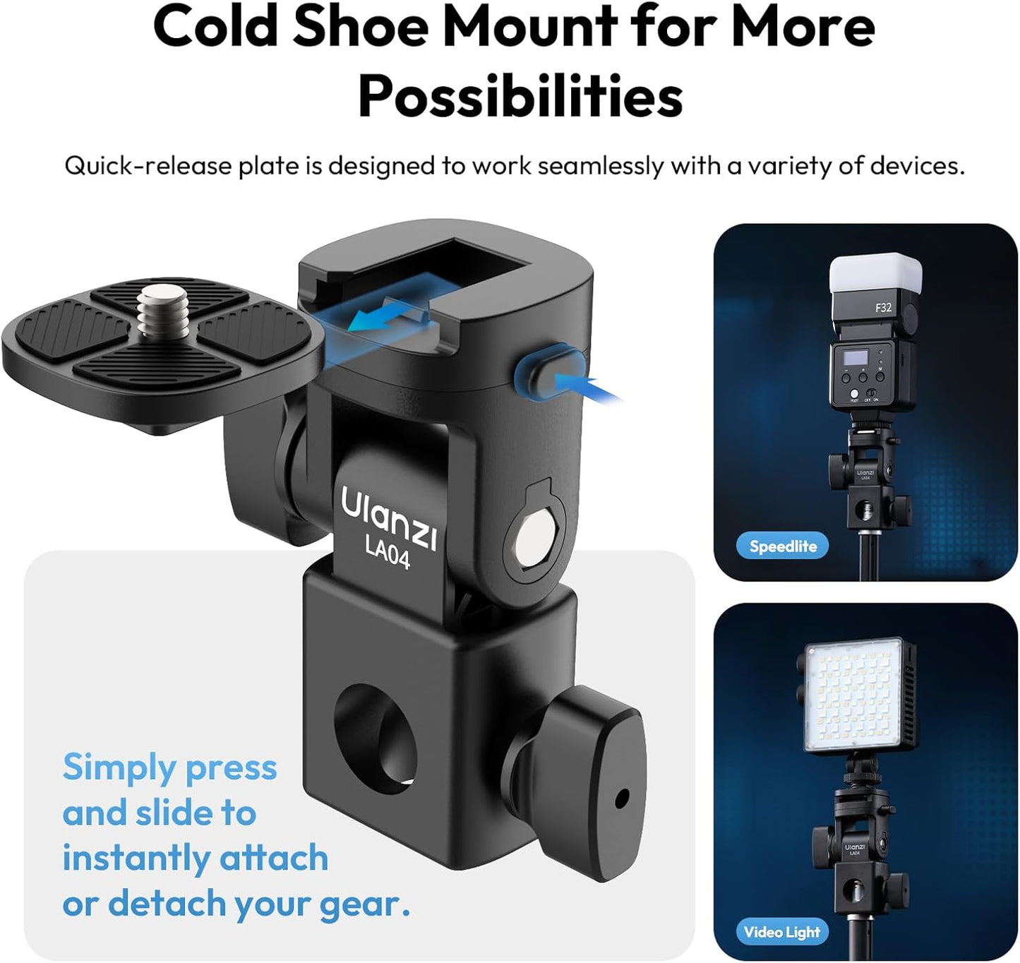 LA04 1/4 180 6.6lb/3kg ULANZI Light Stand Mount Adapter with Screw, Quick Release Mounting Plate for Camera Monitor