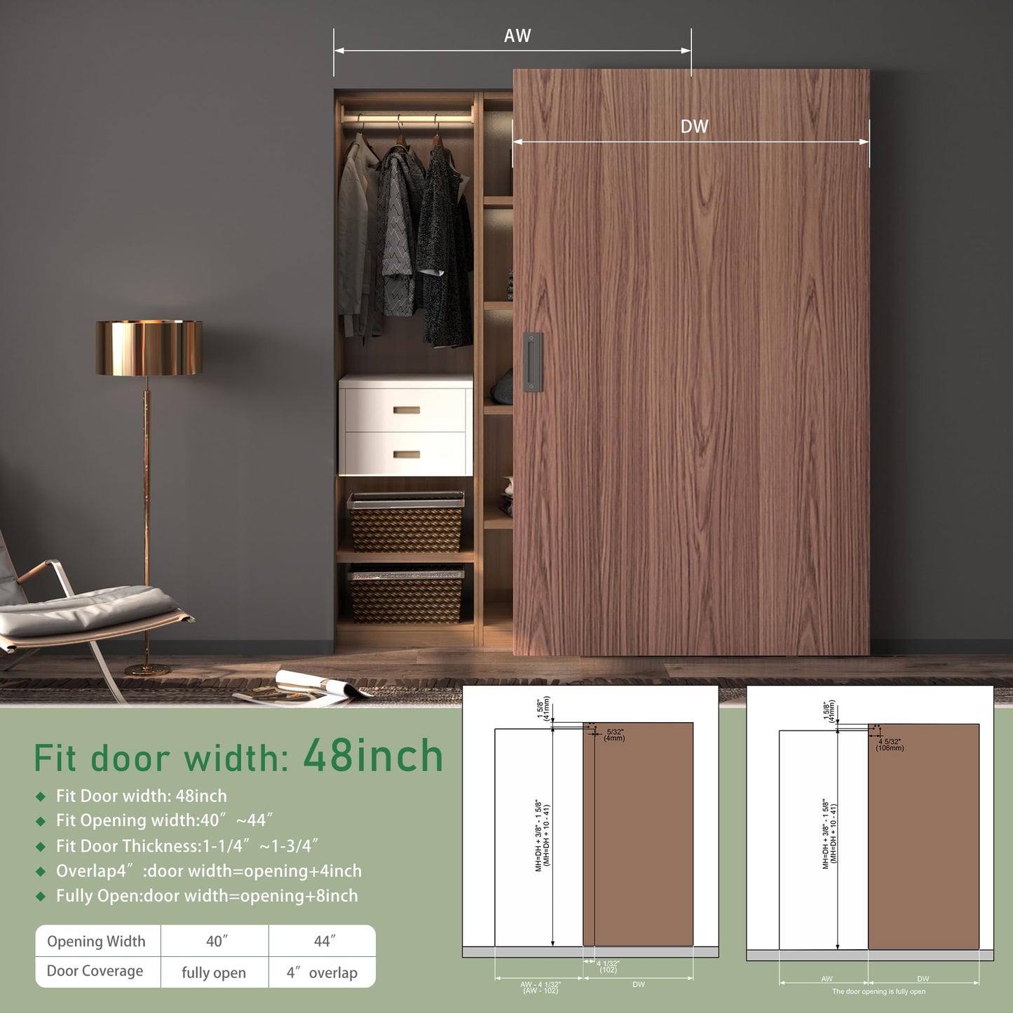 SongYung 48” Concealed Barn Door Hardware Kit with Soft Close Mechanism,Invisible Wall Mount Aluminum Track, Hidden Barn Door Hardware Kit for Door Opening Width 40" to 44"(Door not Included)
