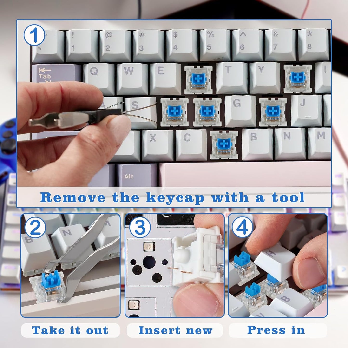 Deftomo 50 3-Pin Pcs Blue Keyboard Switches, Clicky Tactile Mechanical Keyboard Switches, Complete DIY Replacement Kit