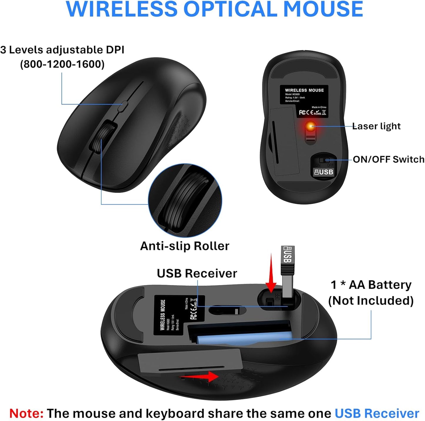 EAYBLLY 2.4G Set Wireless Keyboard and Mouse Combo, Full-Size Silent Ergonomic Keyboard and Mouse, Sleep Mode, Long