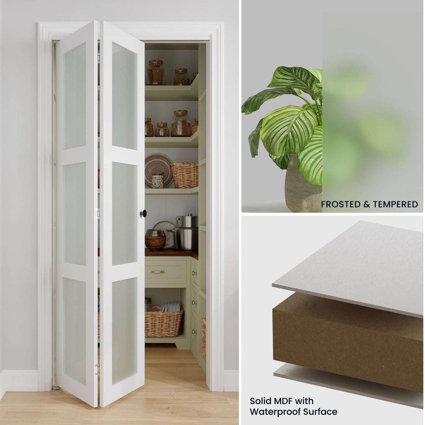 COSHOMER Bifold Doors for 24" x 80" Opening, 3-lite Tempered Frosted Glass Closet Folding Doors with Hardware kit Included, Easy Assembly, White
