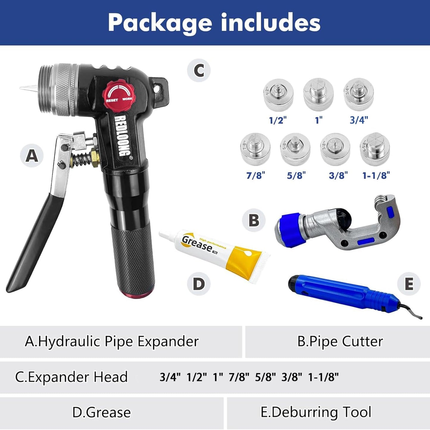 REDLOONG HVAC Hydraulic Swaging Tool Kit for Copper Tubing – Expanding 3/8" to 1-1/8" with 7 Interchangeable Heads, Portable Tube Expander for HVAC Professionals Black