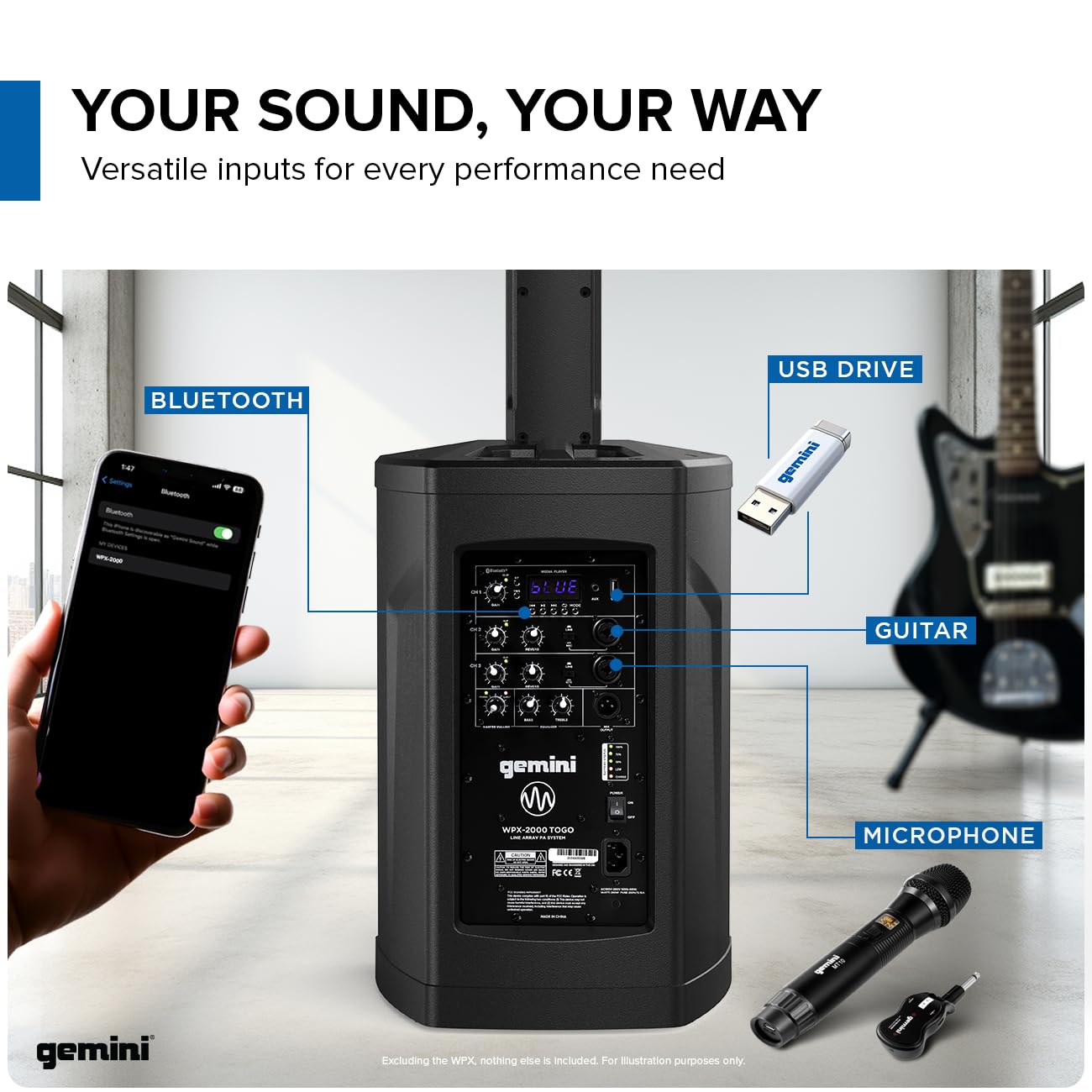 Gemini Battery Powered PA System - Wireless Line Array Speakers with Subwoofer, 185W Column Array, Built-in Mixer, 8 Hour Battery, DJ Karaoke Outdoor Events (WPX-2000TOGO)