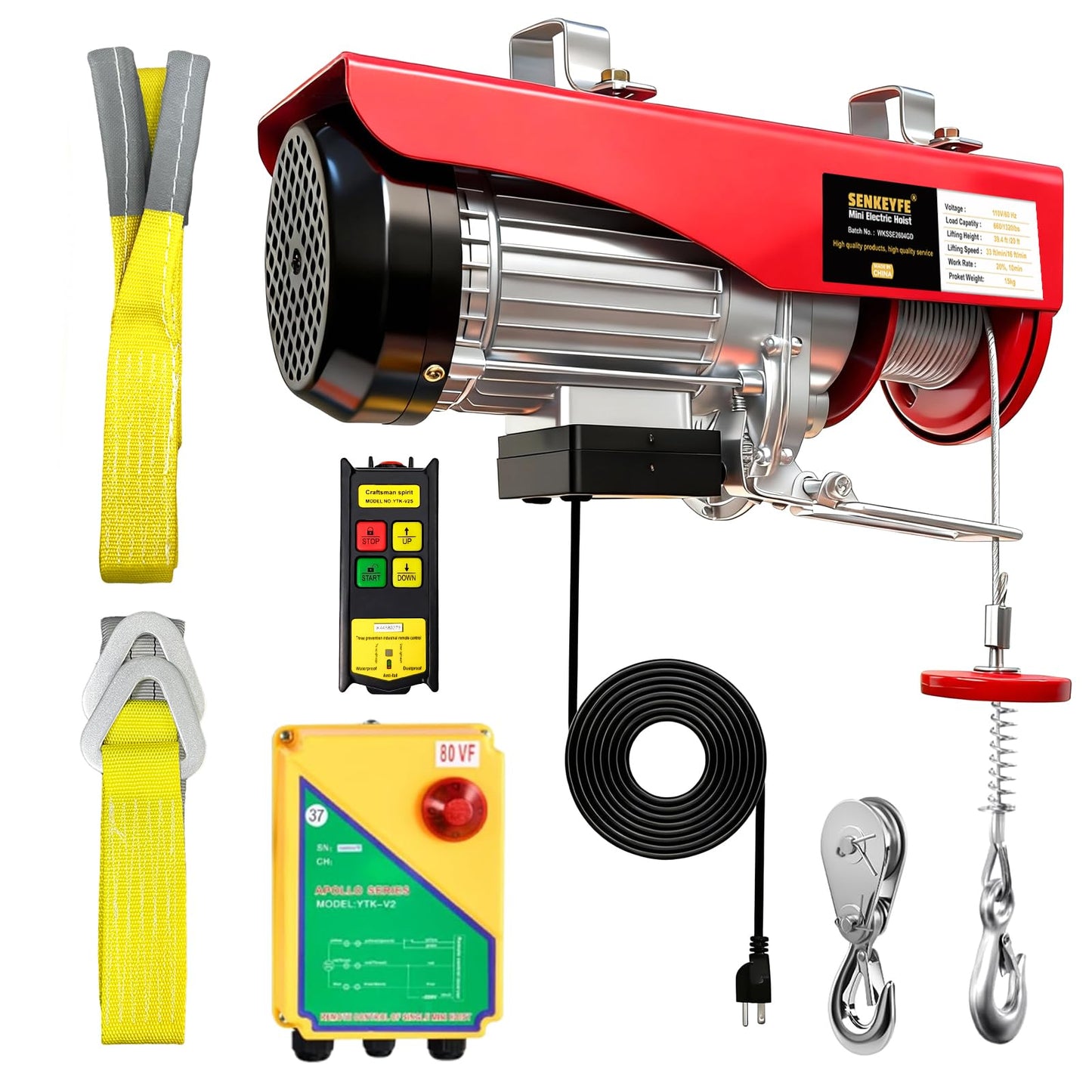 Electric Hoist with Wireless Remote Control, 1320LBS Electric Hoist with Emergency Stop,39.4ft/20ft Lifting Height Motor, 110V Electric Lift for Factories,Warehouses