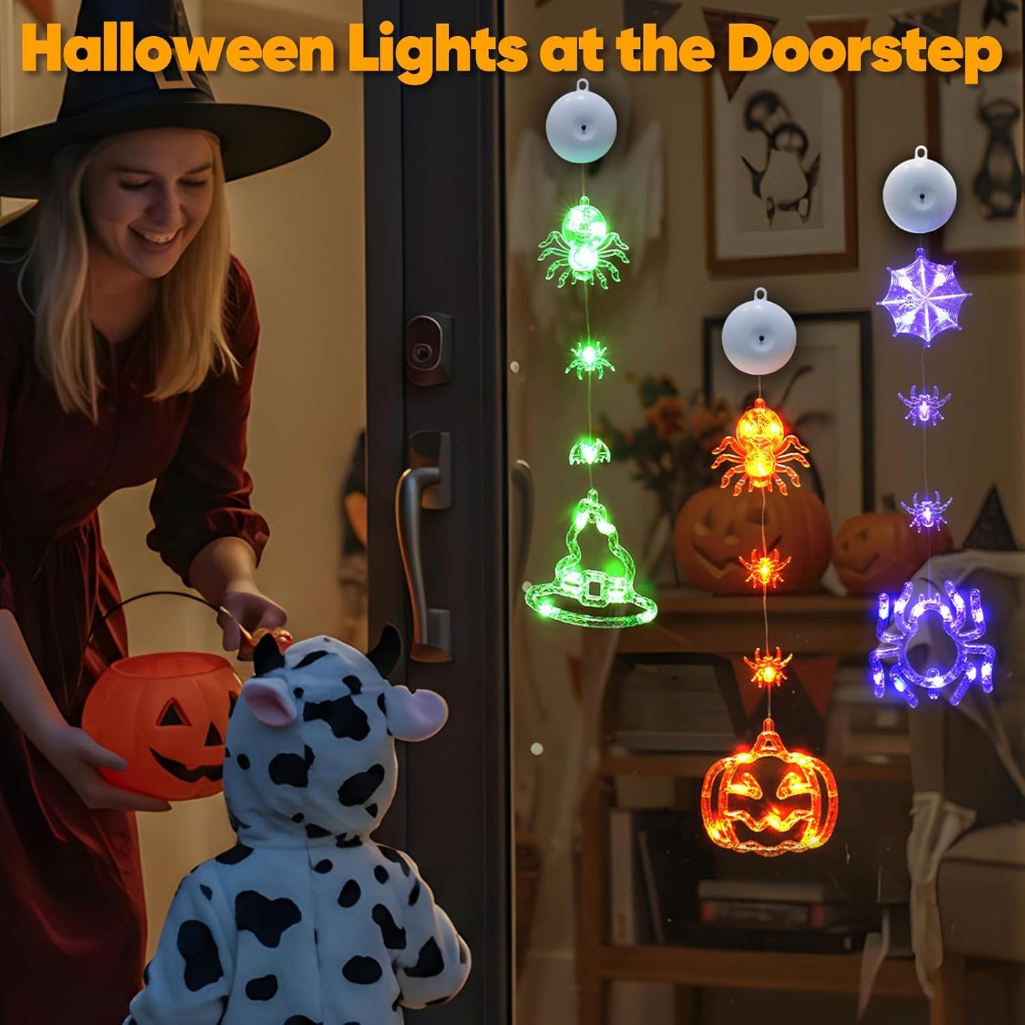 Suddus Halloween Lights - 3 Pack Battery Operated with Timer | Orange Pumpkin, Violet Spider & Green Witch Hat Decor